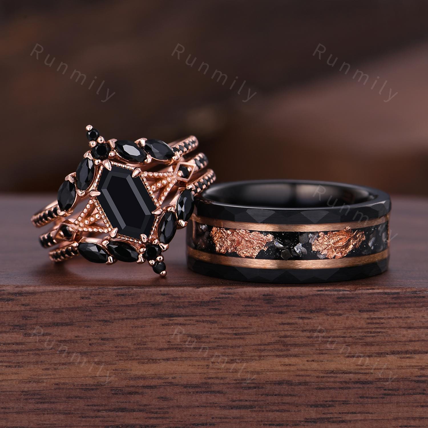 Black Onyx Couples Ring Set Vintage Double Curved Black Gem Band Black and Rose Gold His and Her Wedding Band Promise Ring For Men and Women
