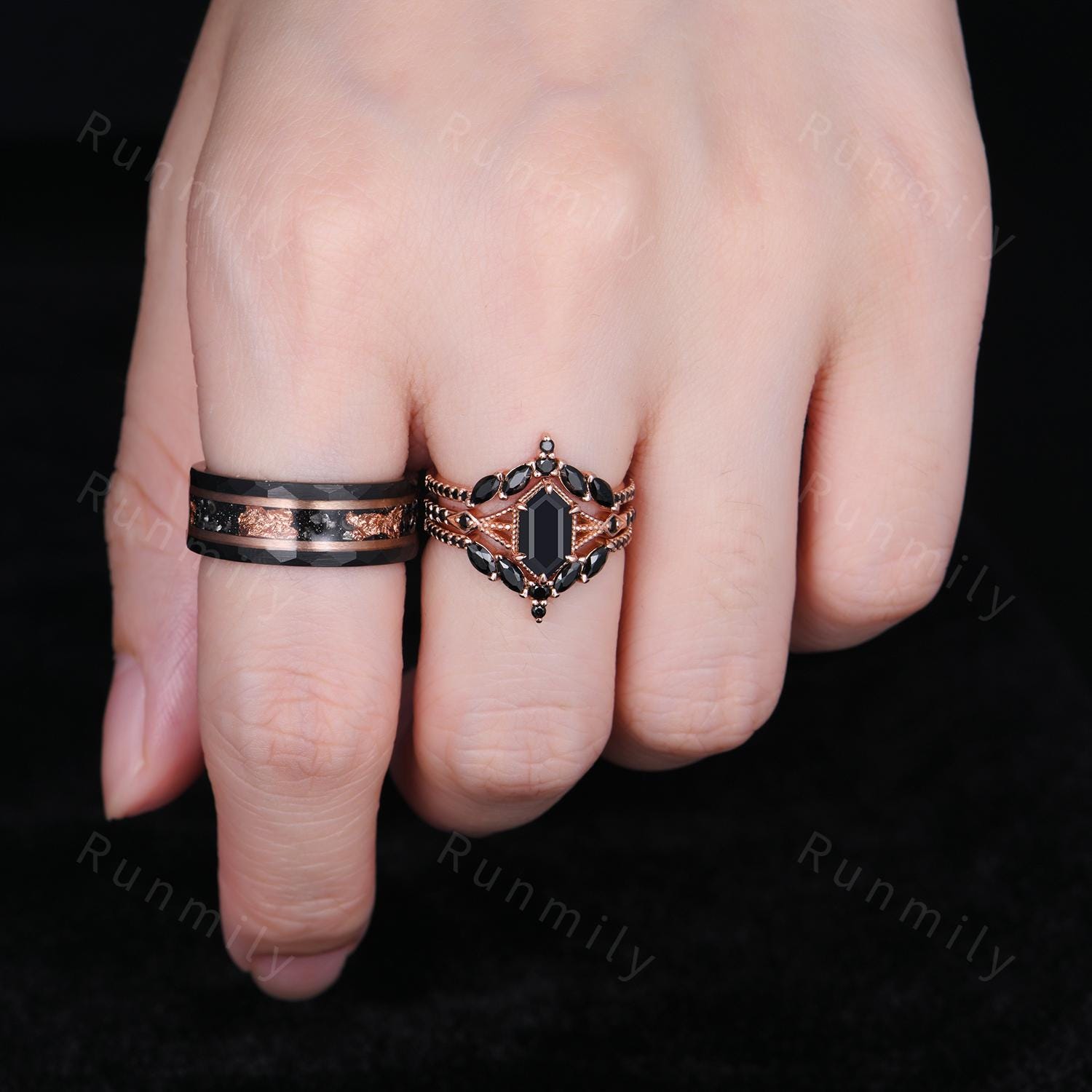 Black Onyx Couples Ring Set Vintage Double Curved Black Gem Band Black and Rose Gold His and Her Wedding Band Promise Ring For Men and Women