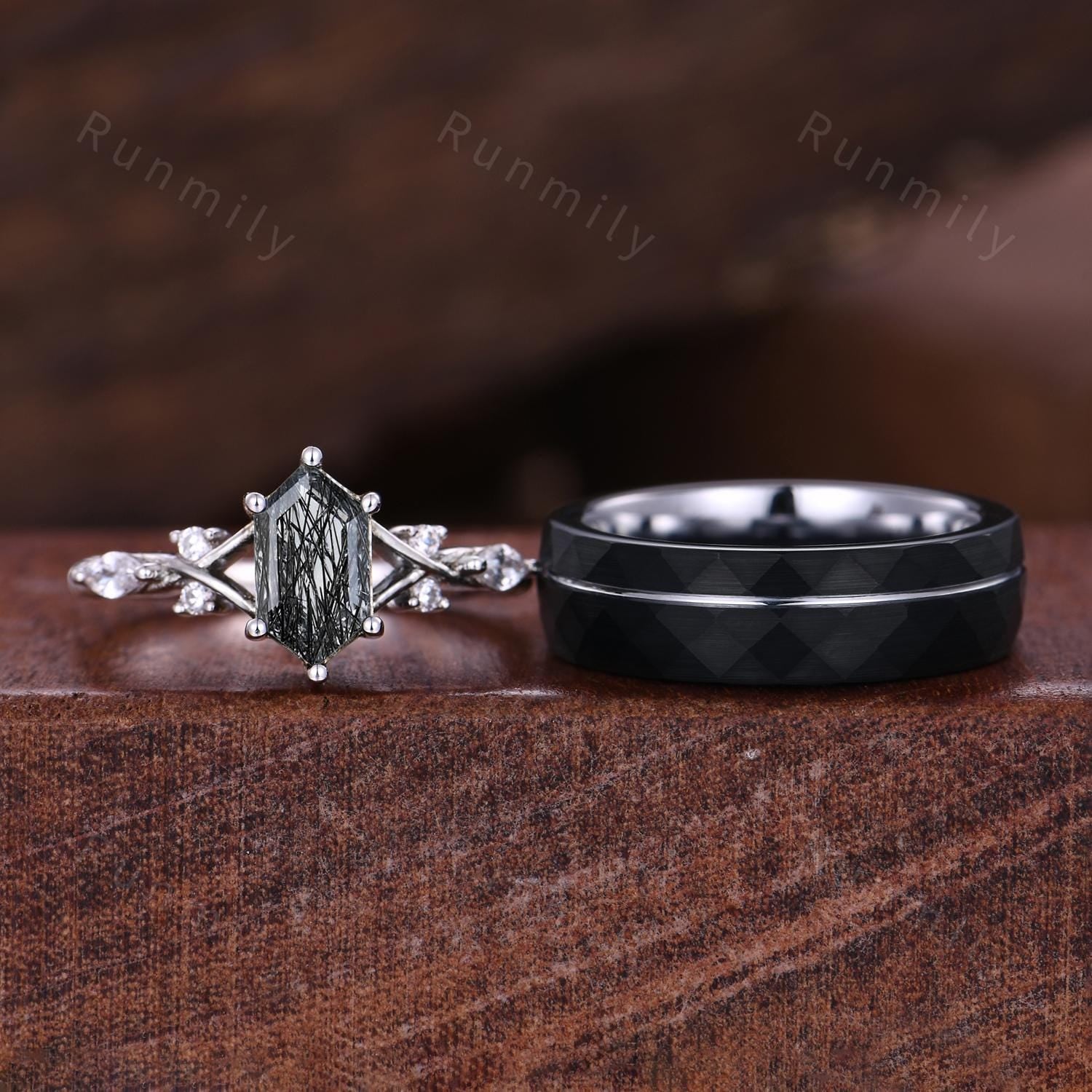 Vintage Black Rutilated Quartz Couples Ring White Gold Matching Ring Set His and Hers Wedding Band Promise Ring For Men For Women Black Gem