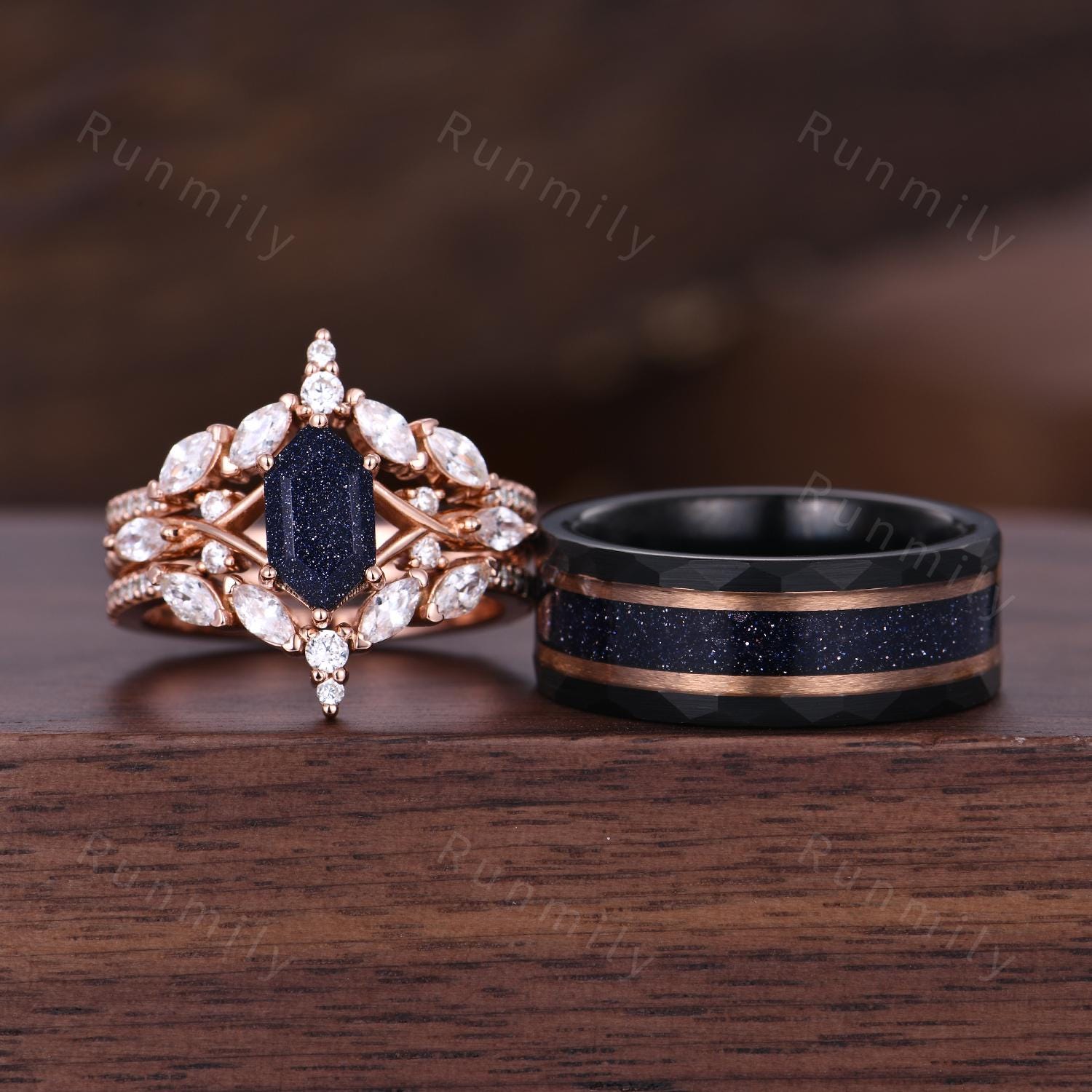 Blue Sandstone Couples Ring Set Vintage Double Curved Diamond Band Galaxy Nebula His and Her Wedding Band Promise Ring For Men and Women