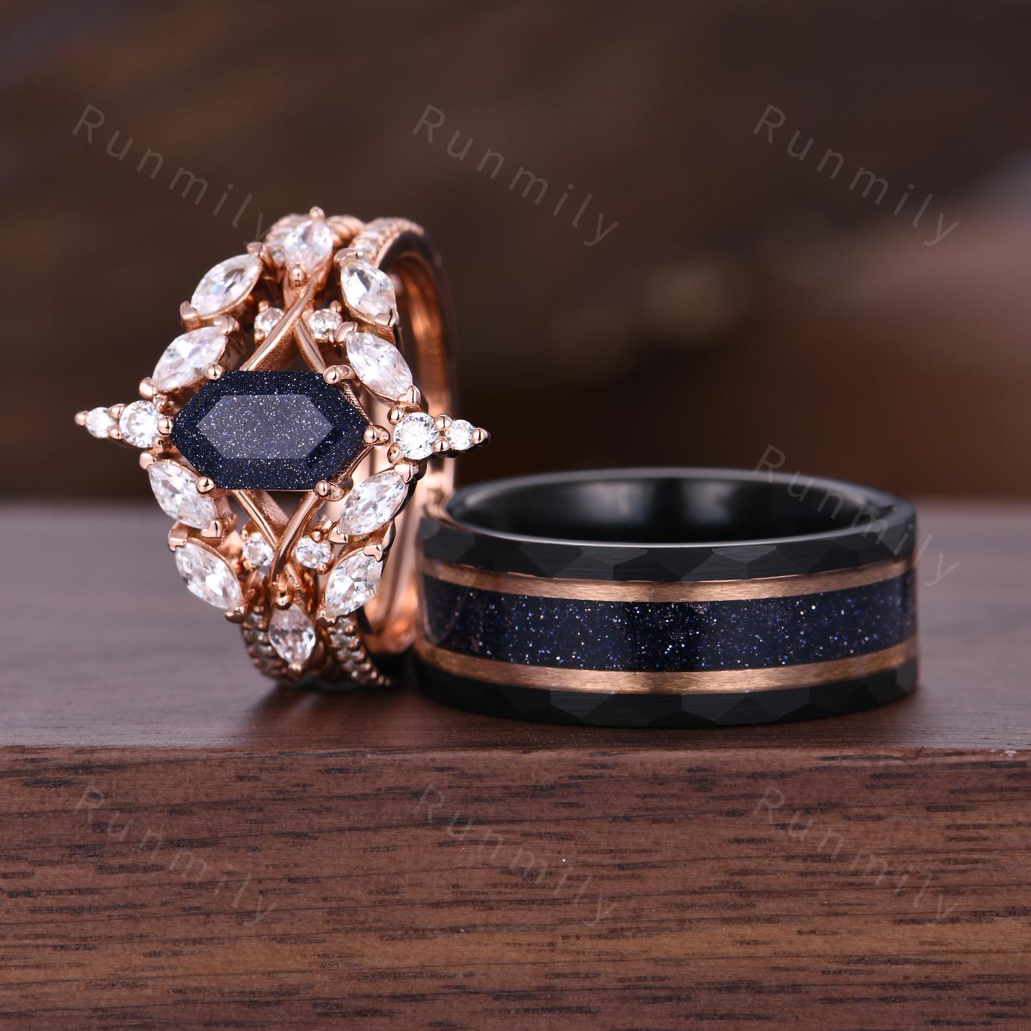 Blue Sandstone Couples Ring Set Vintage Double Curved Diamond Band Galaxy Nebula His and Her Wedding Band Promise Ring For Men and Women