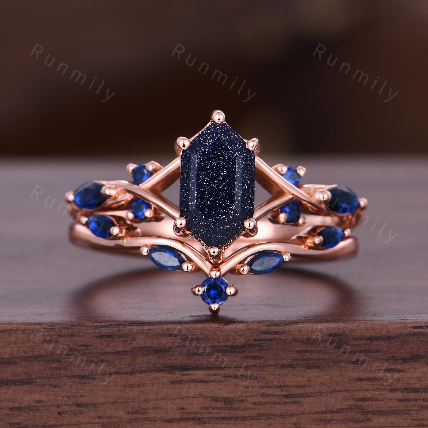 Blue Nebula Couples Ring Set Vintage Galaxy Sandstone His and Hers Ring Rose Gold Matching Promise Ring For Men and Women Blue Sapphire Ring