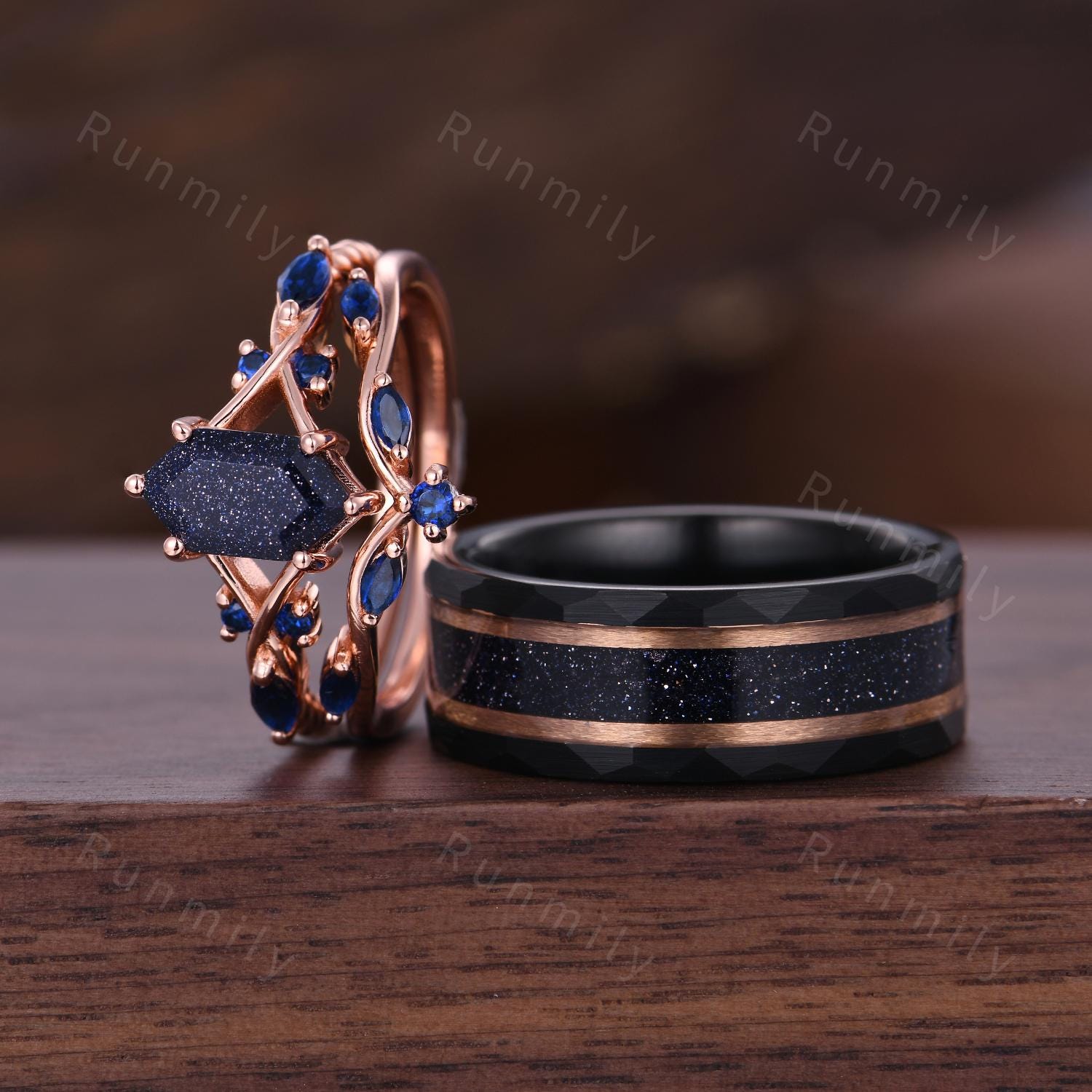 Blue Nebula Couples Ring Set Vintage Galaxy Sandstone His and Hers Ring Rose Gold Matching Promise Ring For Men and Women Blue Sapphire Ring