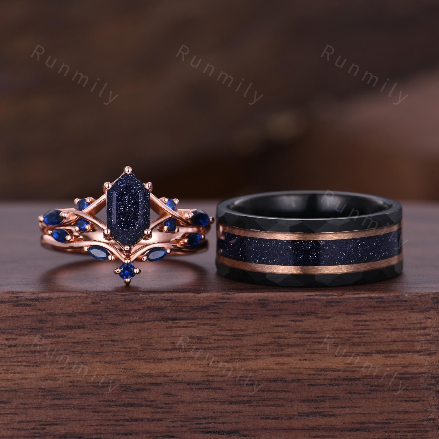 Blue Nebula Couples Ring Set Vintage Galaxy Sandstone His and Hers Ring Rose Gold Matching Promise Ring For Men and Women Blue Sapphire Ring