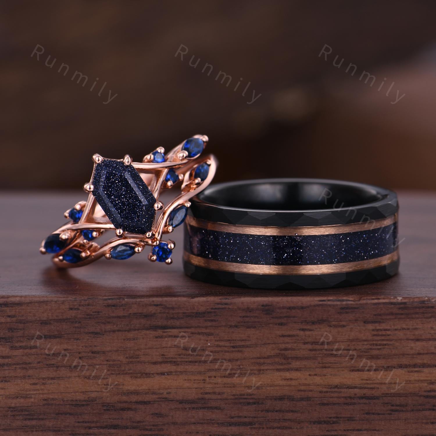 Blue Nebula Couples Ring Set Vintage Galaxy Sandstone His and Hers Ring Rose Gold Matching Promise Ring For Men and Women Blue Sapphire Ring