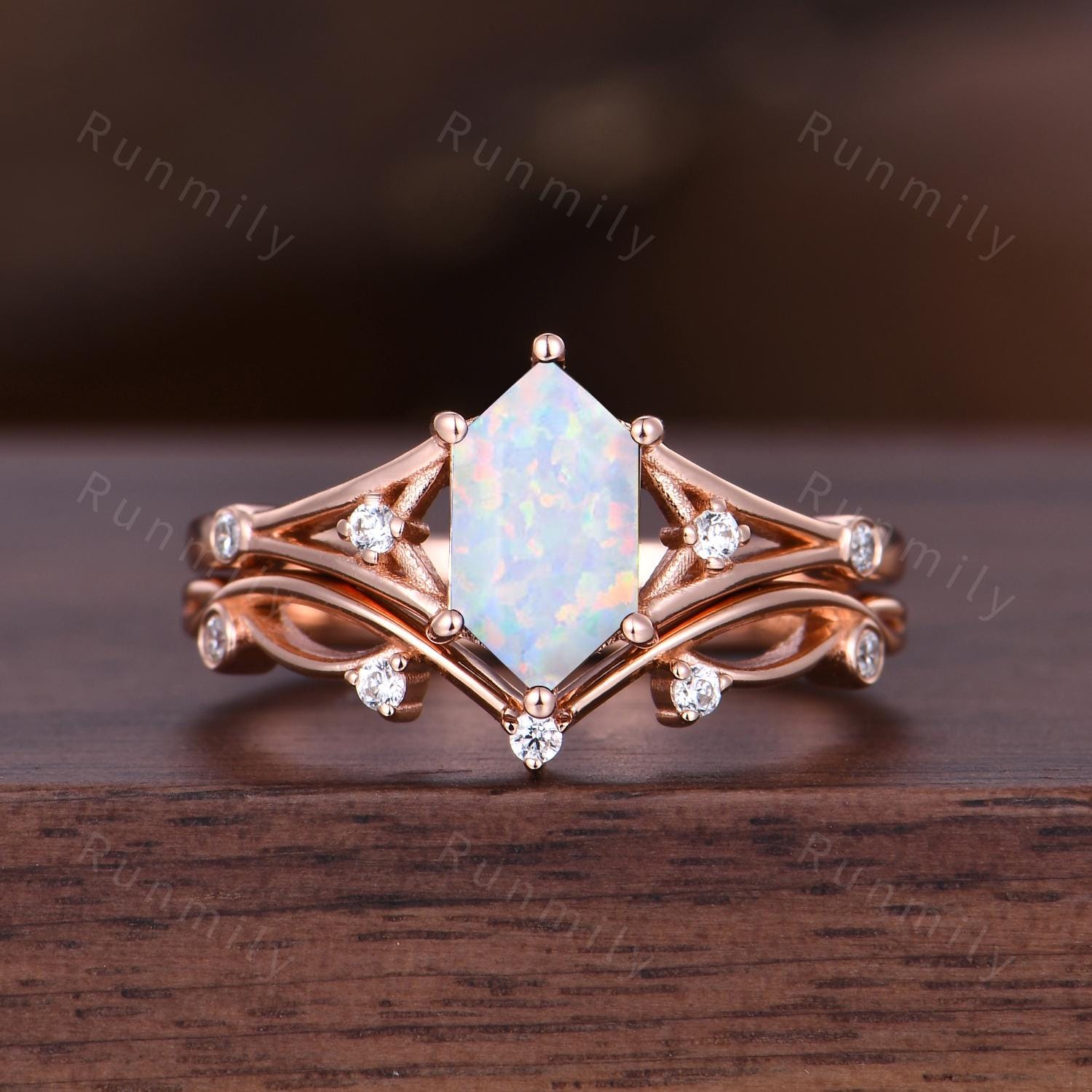 Unique Hexagon Opal Couples Ring Set Art Deco Stacking Ring Mens Opal Tungsten Band Rose Gold His And Her Wedding Band October Jewelry Gift