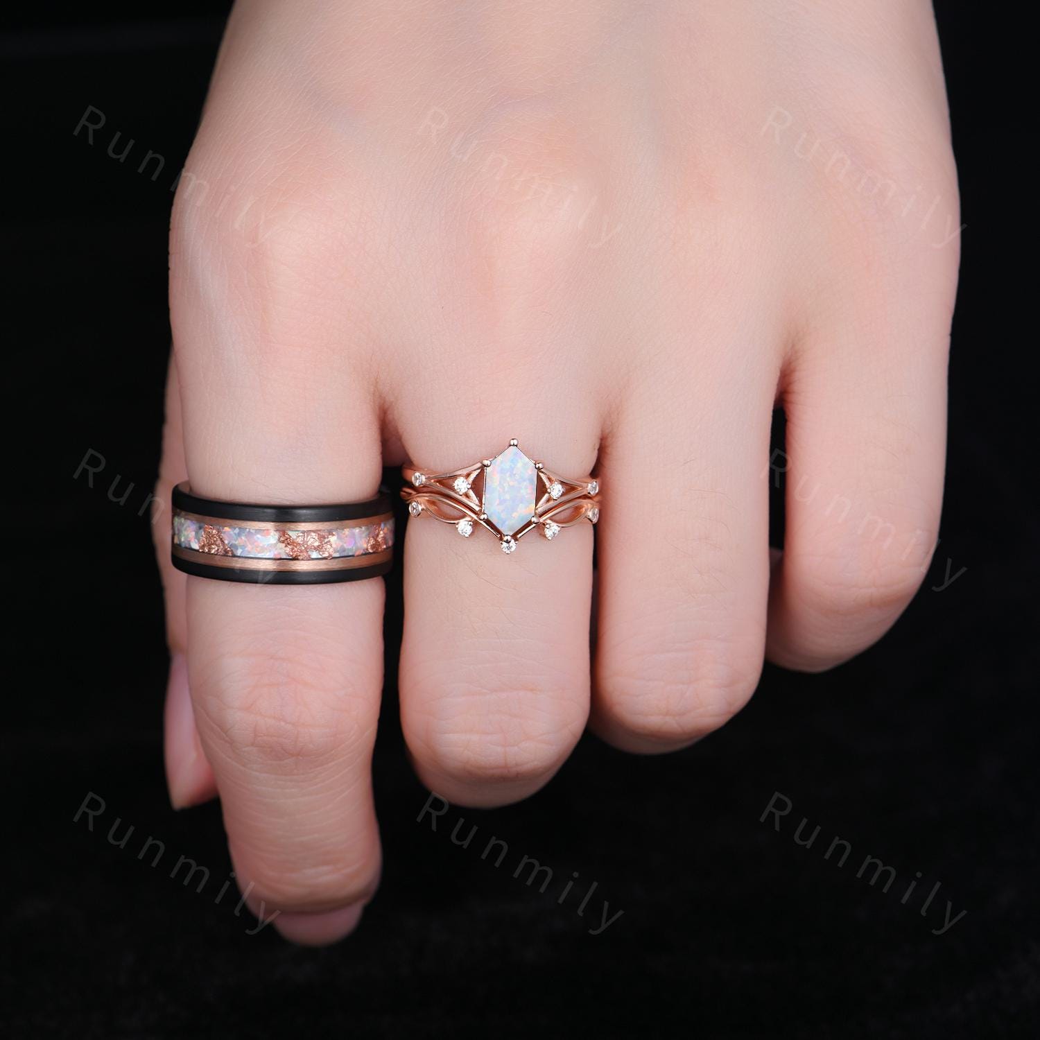 Unique Hexagon Opal Couples Ring Set Art Deco Stacking Ring Mens Opal Tungsten Band Rose Gold His And Her Wedding Band October Jewelry Gift