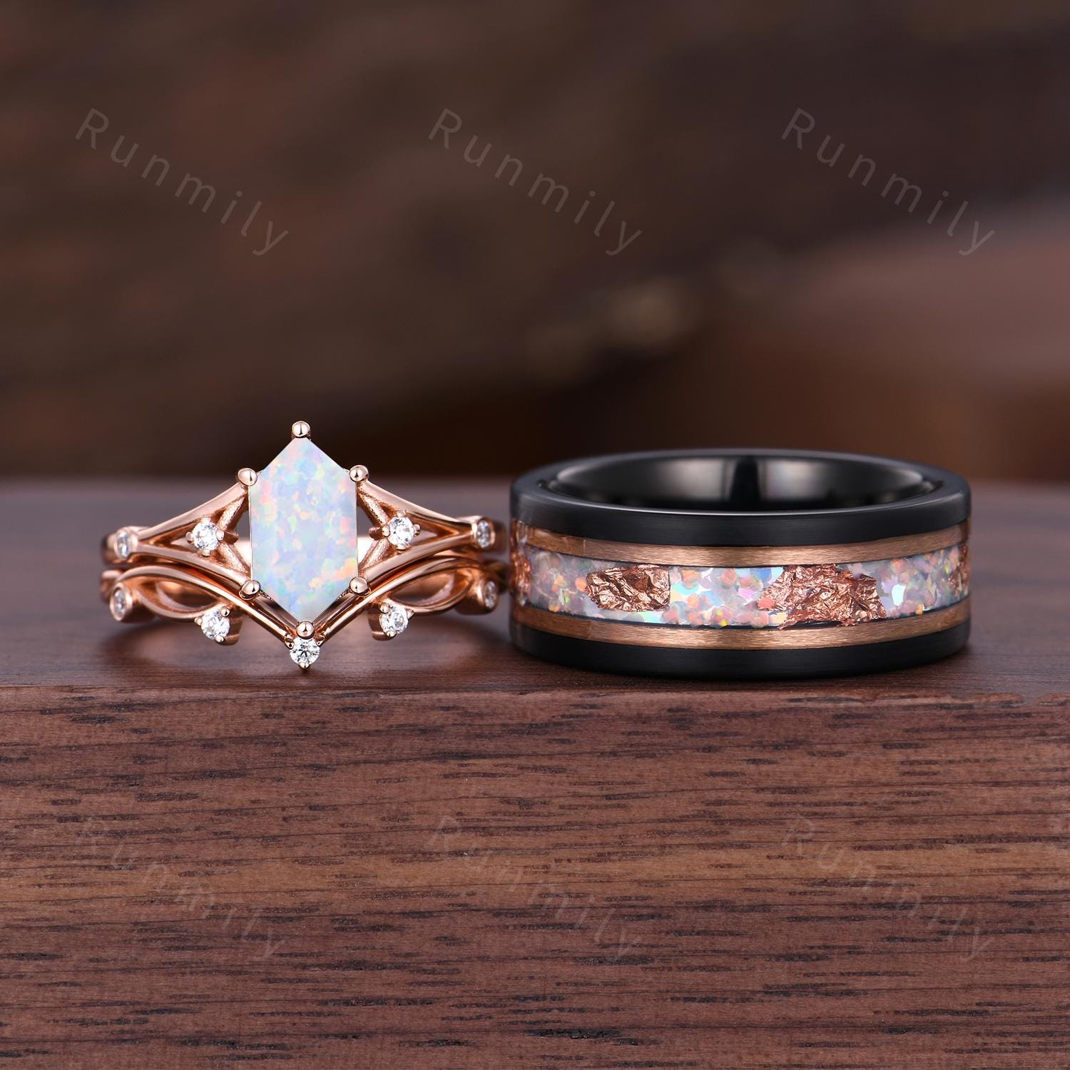 Unique Hexagon Opal Couples Ring Set Art Deco Stacking Ring Mens Opal Tungsten Band Rose Gold His And Her Wedding Band October Jewelry Gift