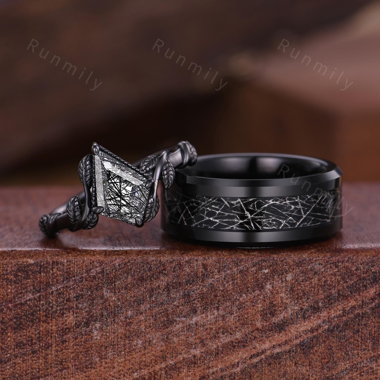 Kite Cut Black Rutilated Quartz Couples Ring Black Gold Promise Ring Set Simple His and Hers Wedding Band Mens Tungsten Ring Vine Leaf Ring