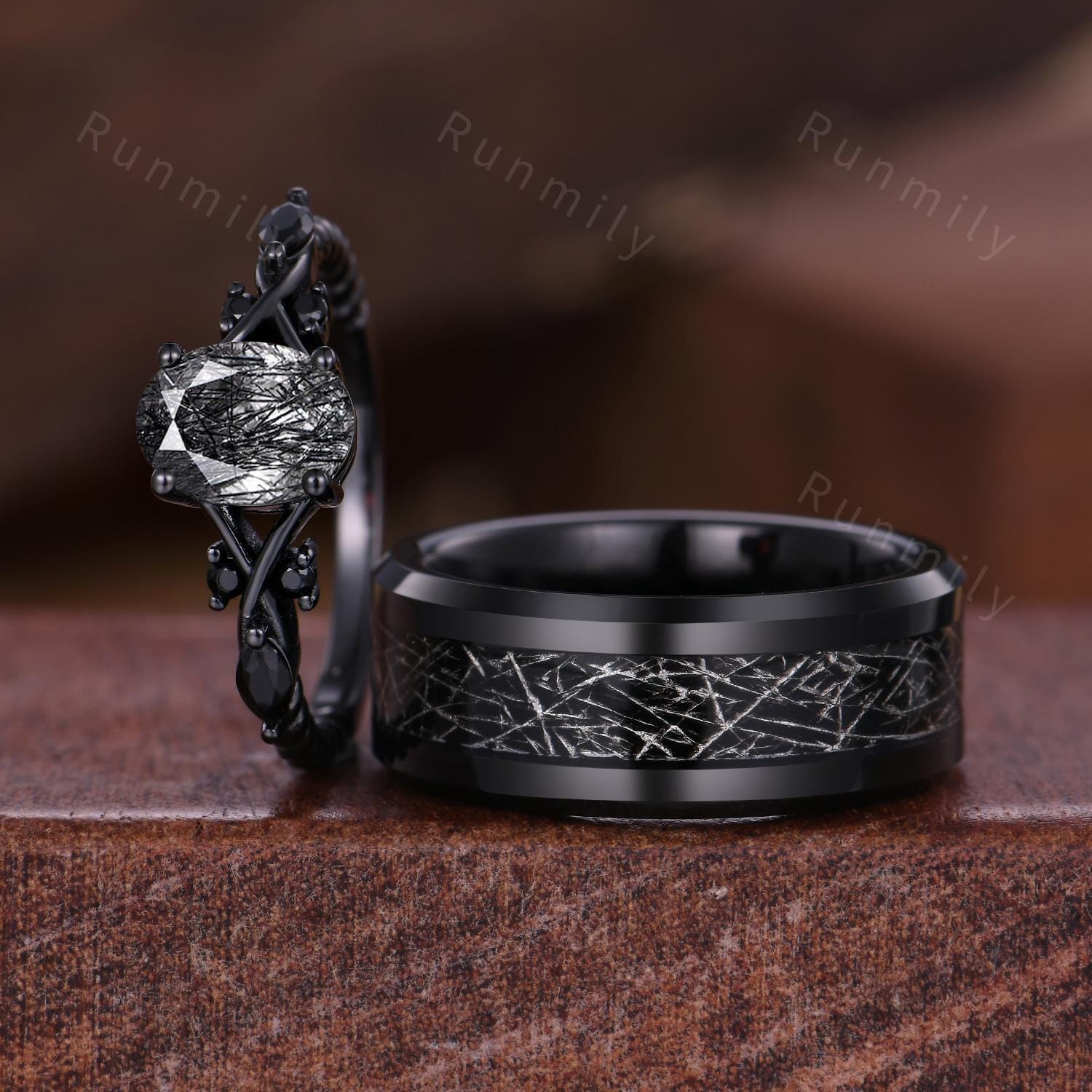 Black Rutilated Quartz Couples Ring Oval Cut Black Gold Ring Gothic His and Hers Wedding Band Mens Tungsten Ring Natural Black Gem Ring