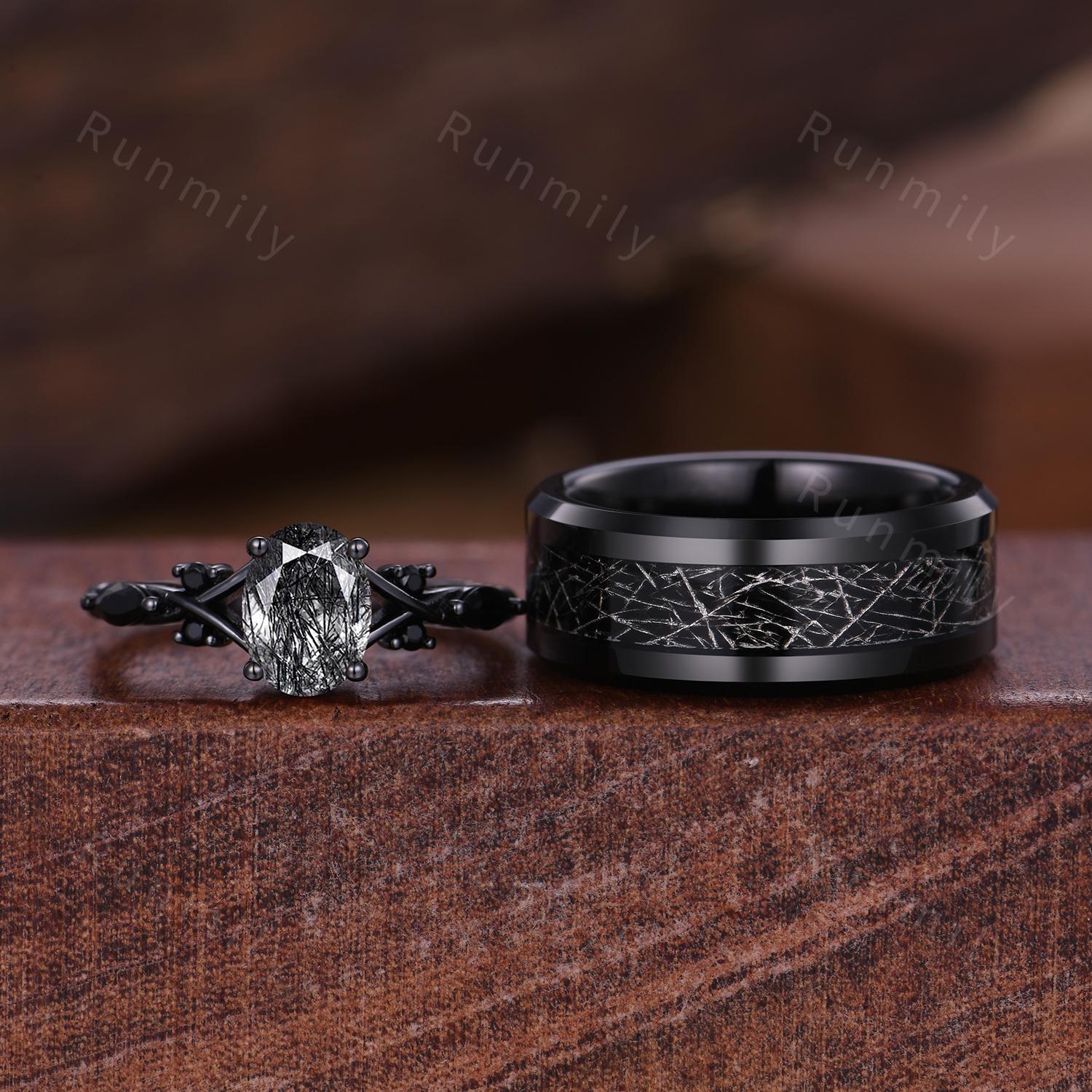 Black Rutilated Quartz Couples Ring Oval Cut Black Gold Ring Gothic His and Hers Wedding Band Mens Tungsten Ring Natural Black Gem Ring