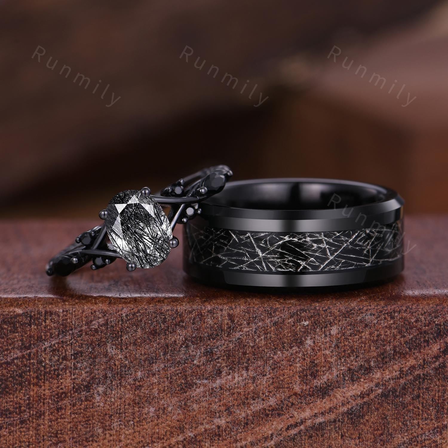 Black Rutilated Quartz Couples Ring Oval Cut Black Gold Ring Gothic His and Hers Wedding Band Mens Tungsten Ring Natural Black Gem Ring