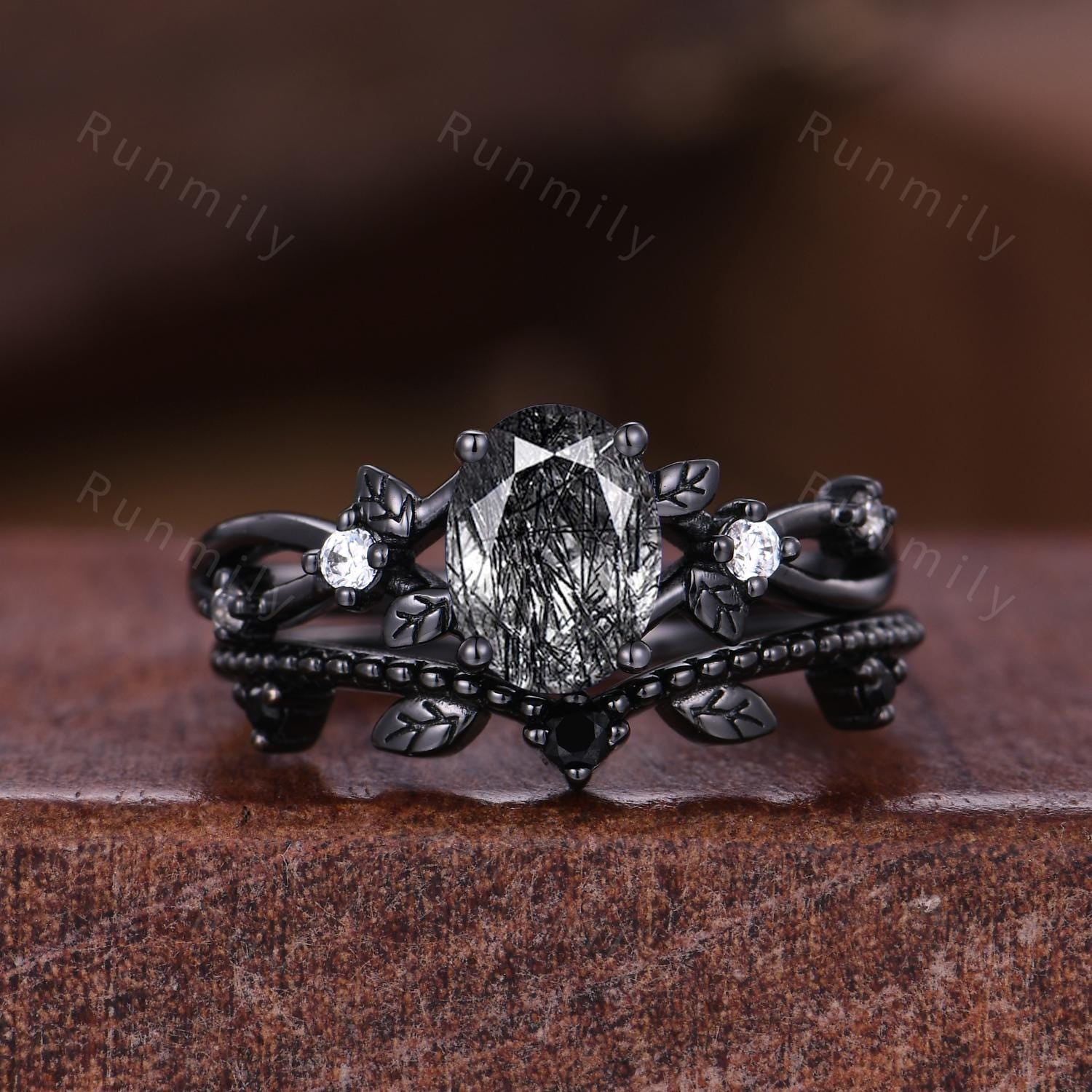 Vintage Black Rutilated Quartz Couples Ring Art Deco Wedding Rings For Men And Women Black Gold Rings Unique Couples Promise Ring Set