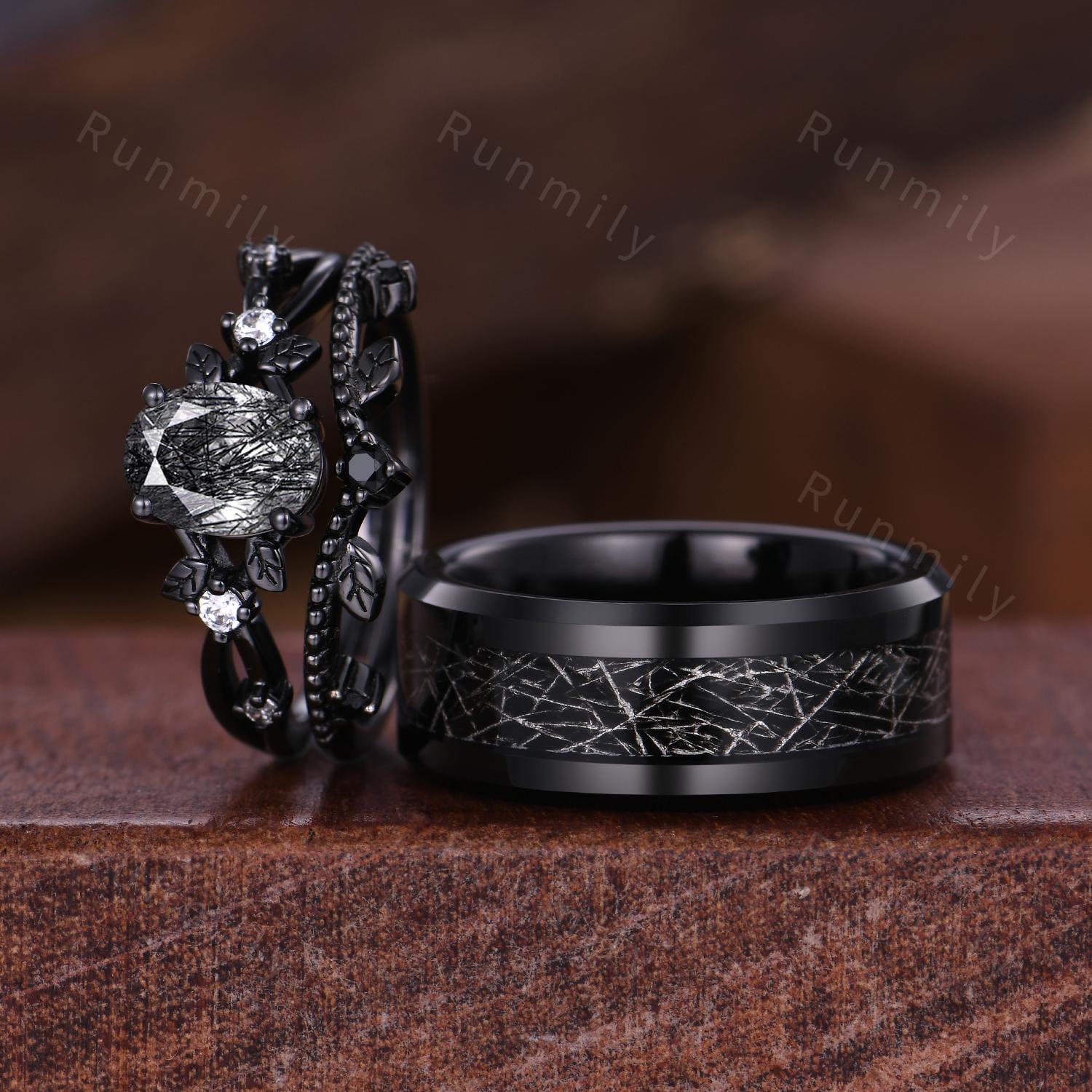 Vintage Black Rutilated Quartz Couples Ring Art Deco Wedding Rings For Men And Women Black Gold Rings Unique Couples Promise Ring Set