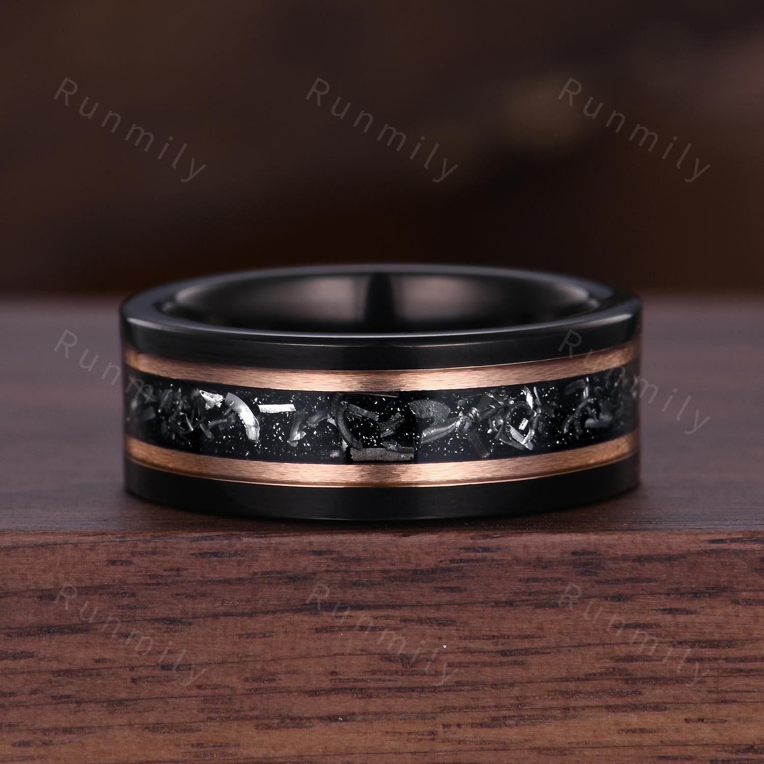 Black Rutilated Quartz, Meteorite Couples Ring Set- His and Hers Cosmic Wedding Bands Rose Gold/Tungsten Matching Promise Rings Gift