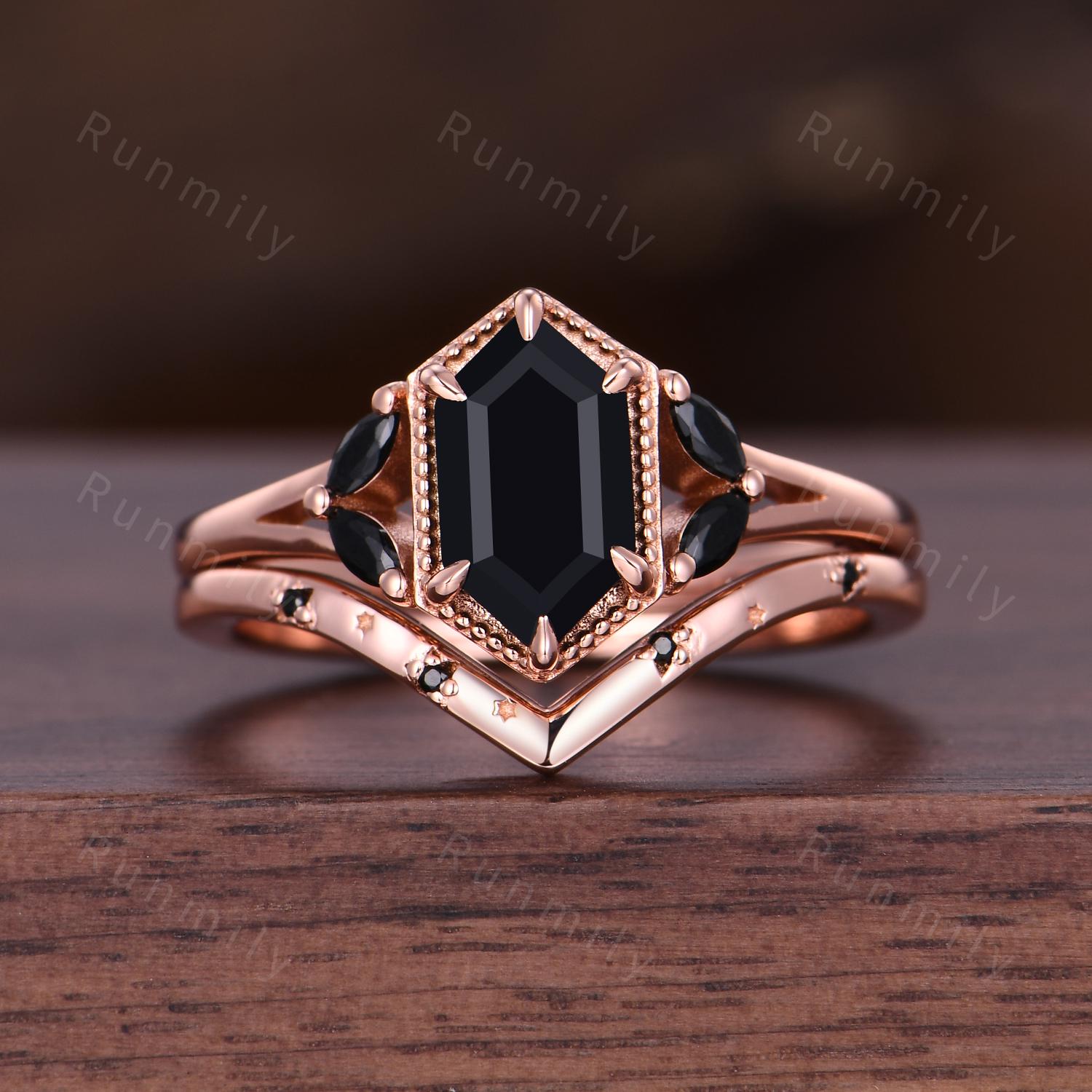 Art Deco Black Onyx Ring Set For Couples Rose Gold His and Hers Promise Ring Mens Meteorite Tungsten Band Black Gem Bridal Wedding Ring Set