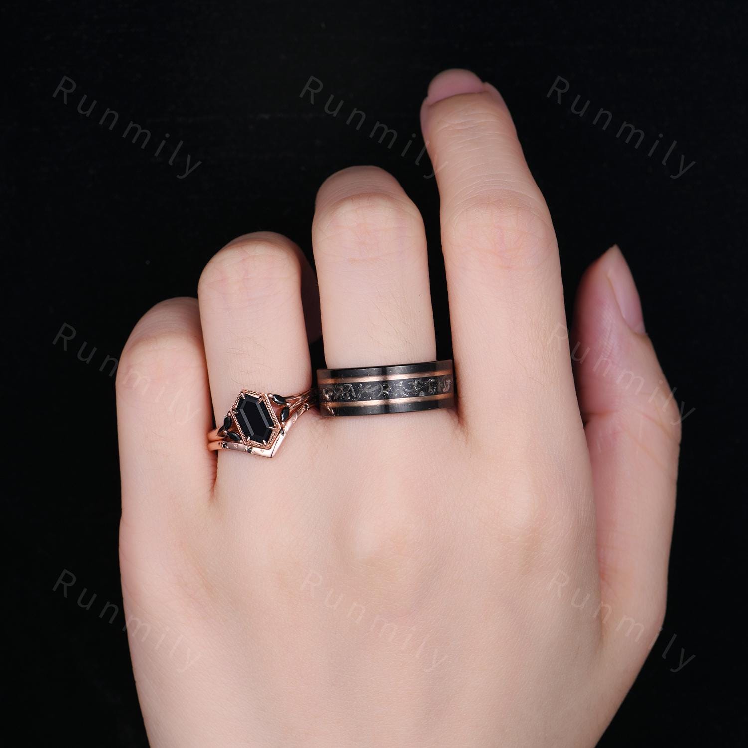 Art Deco Black Onyx Ring Set For Couples Rose Gold His and Hers Promise Ring Mens Meteorite Tungsten Band Black Gem Bridal Wedding Ring Set