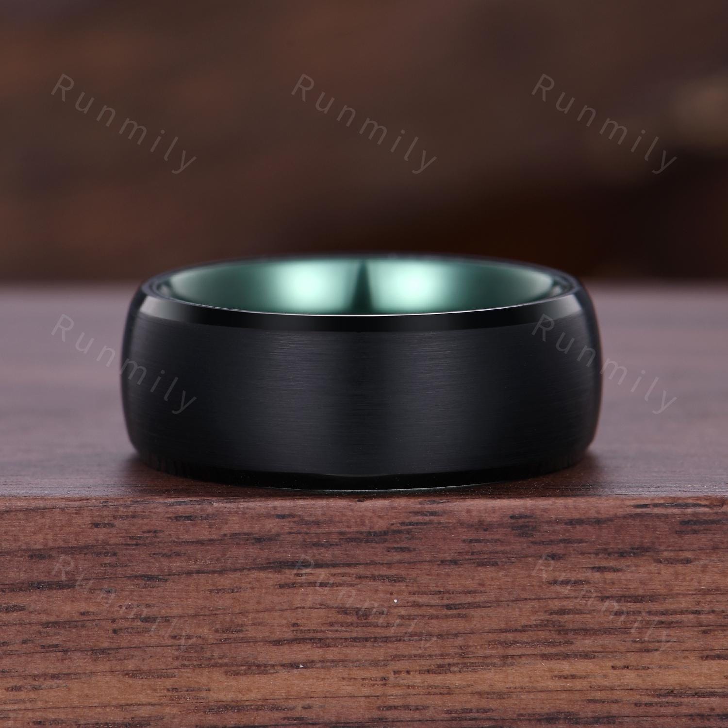 Nature inspired Moss Agate couples ring set gothic black gold His and Hers wedding band unique moon style emerald ring Mens Tungsten ring