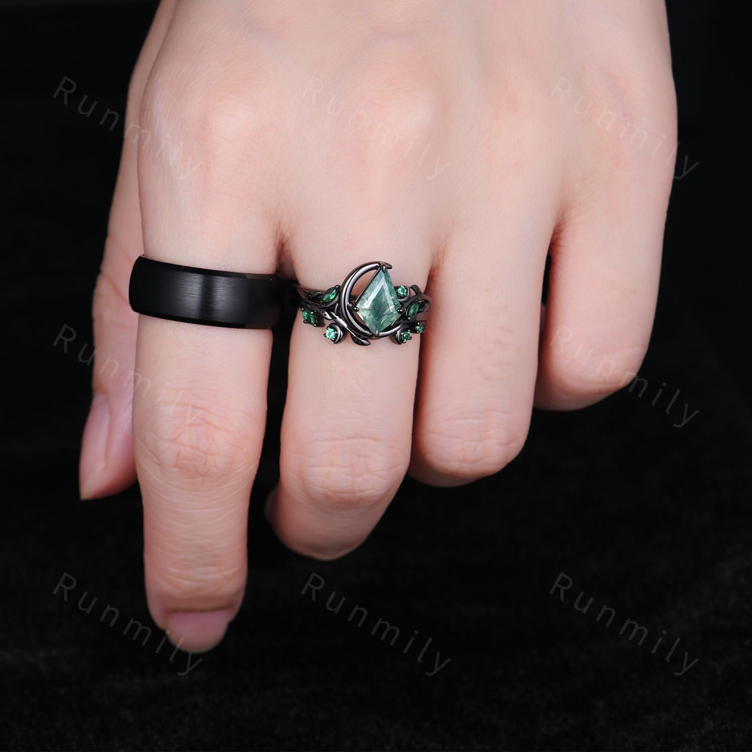 Nature inspired Moss Agate couples ring set gothic black gold His and Hers wedding band unique moon style emerald ring Mens Tungsten ring