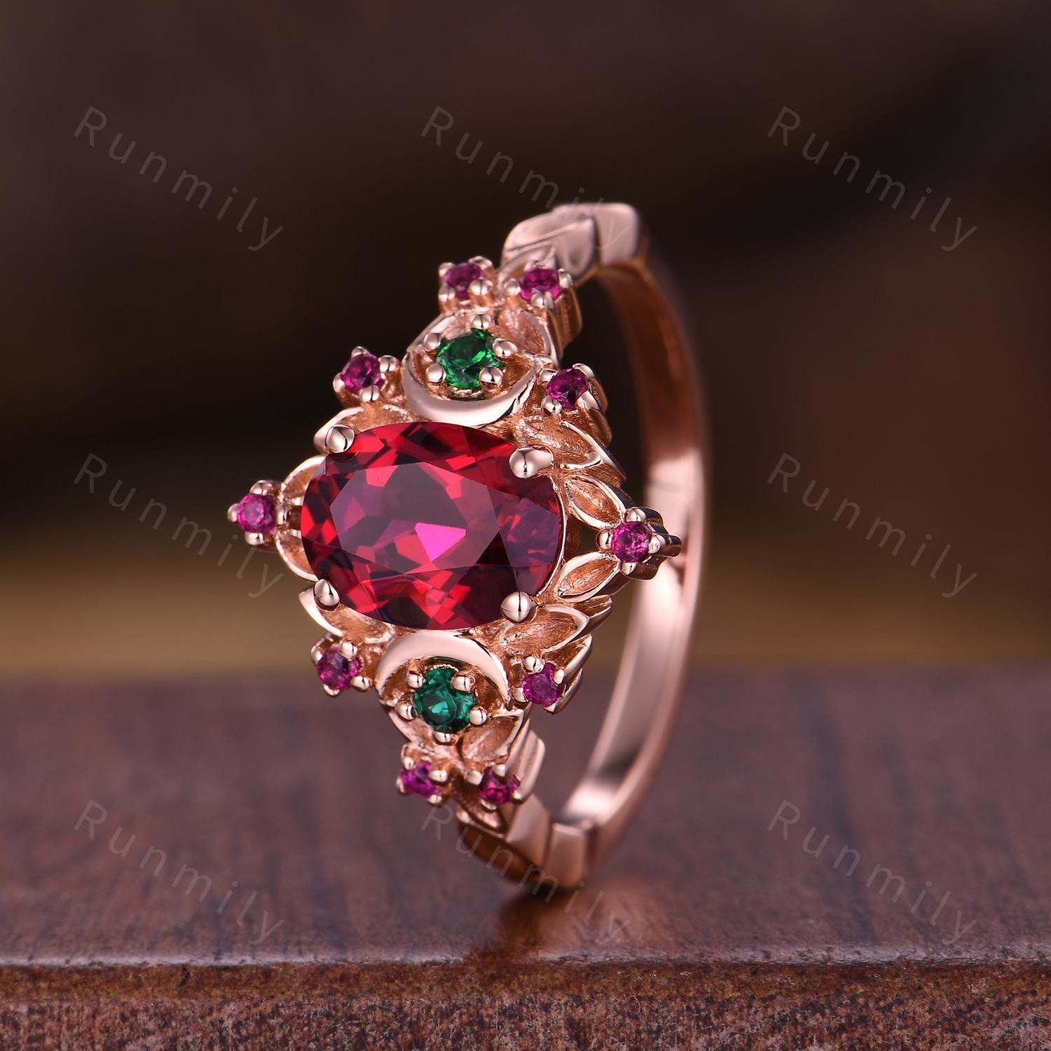 Antique oval Ruby engagement ring branch leaf moon emerald ring women unique July birthstone wedding ring Nature inspired ring