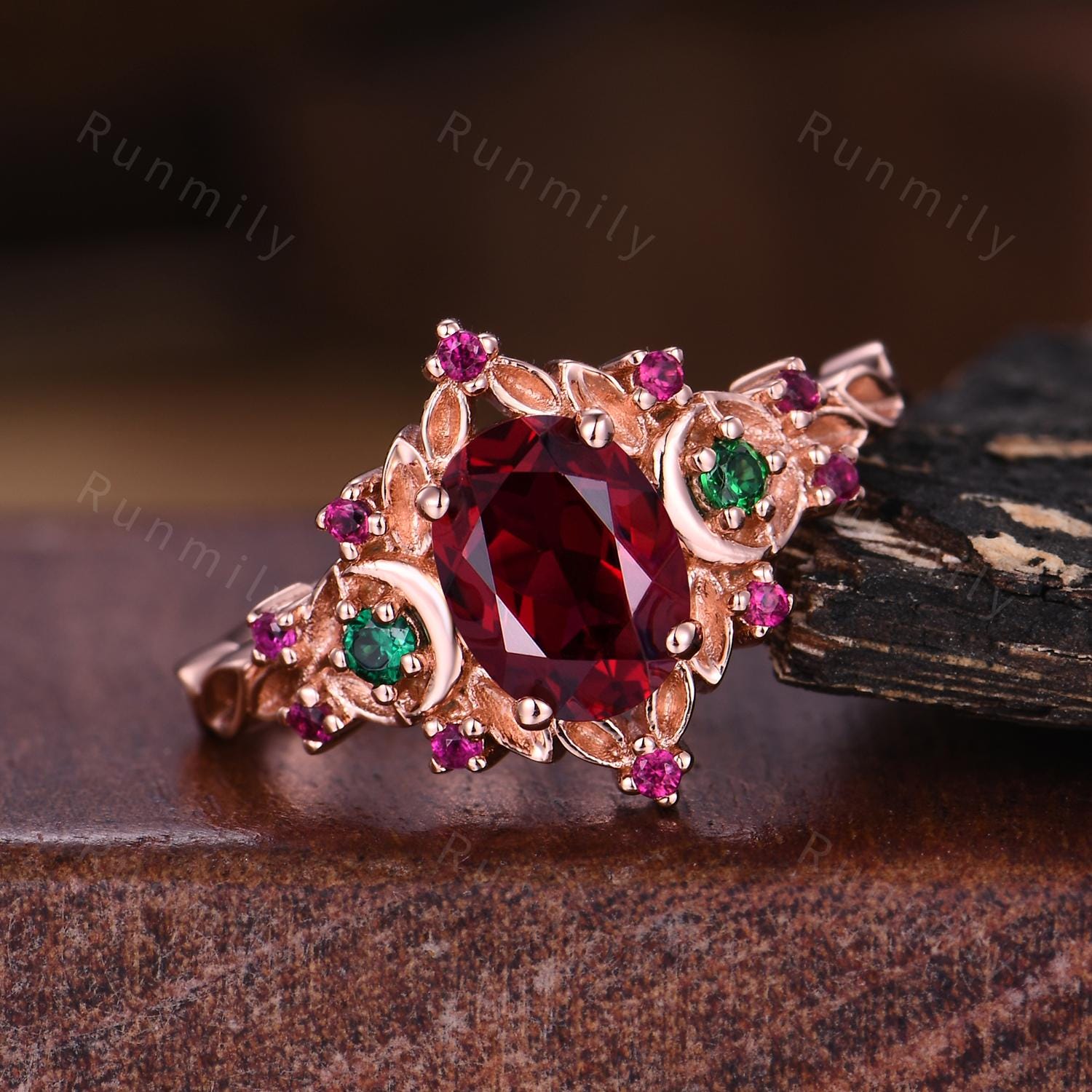 Antique oval Ruby engagement ring branch leaf moon emerald ring women unique July birthstone wedding ring Nature inspired ring