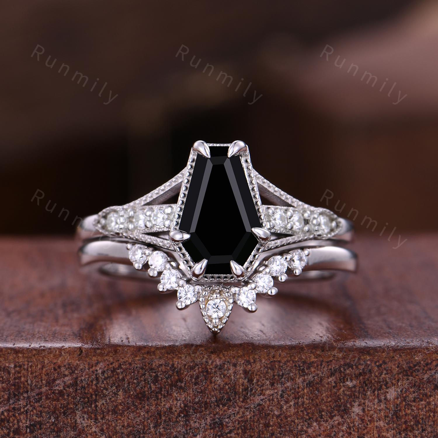 Coffin cut black onyx engagement ring sterling silver ring art deco curved stacking band vintage bridal ring unique moissanite wedding set