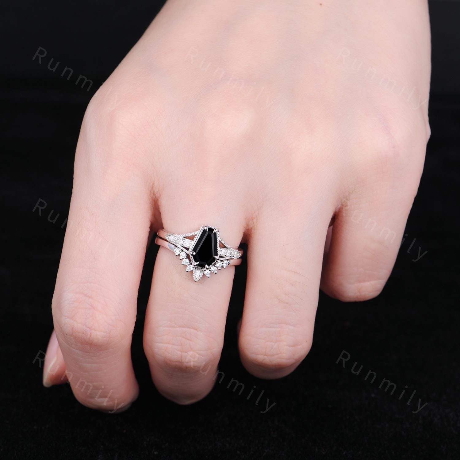 Coffin cut black onyx engagement ring sterling silver ring art deco curved stacking band vintage bridal ring unique moissanite wedding set