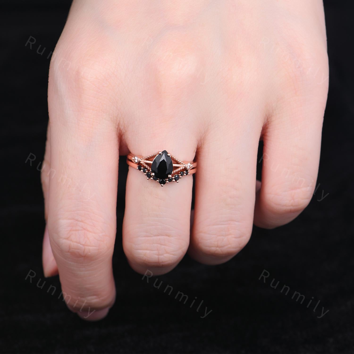 Pear Cut Black Onyx Engagement Ring Set Unique Rose Gold Engagement Ring Woman Antique Black Spinel Wedding Ring Promise Anniversary Ring