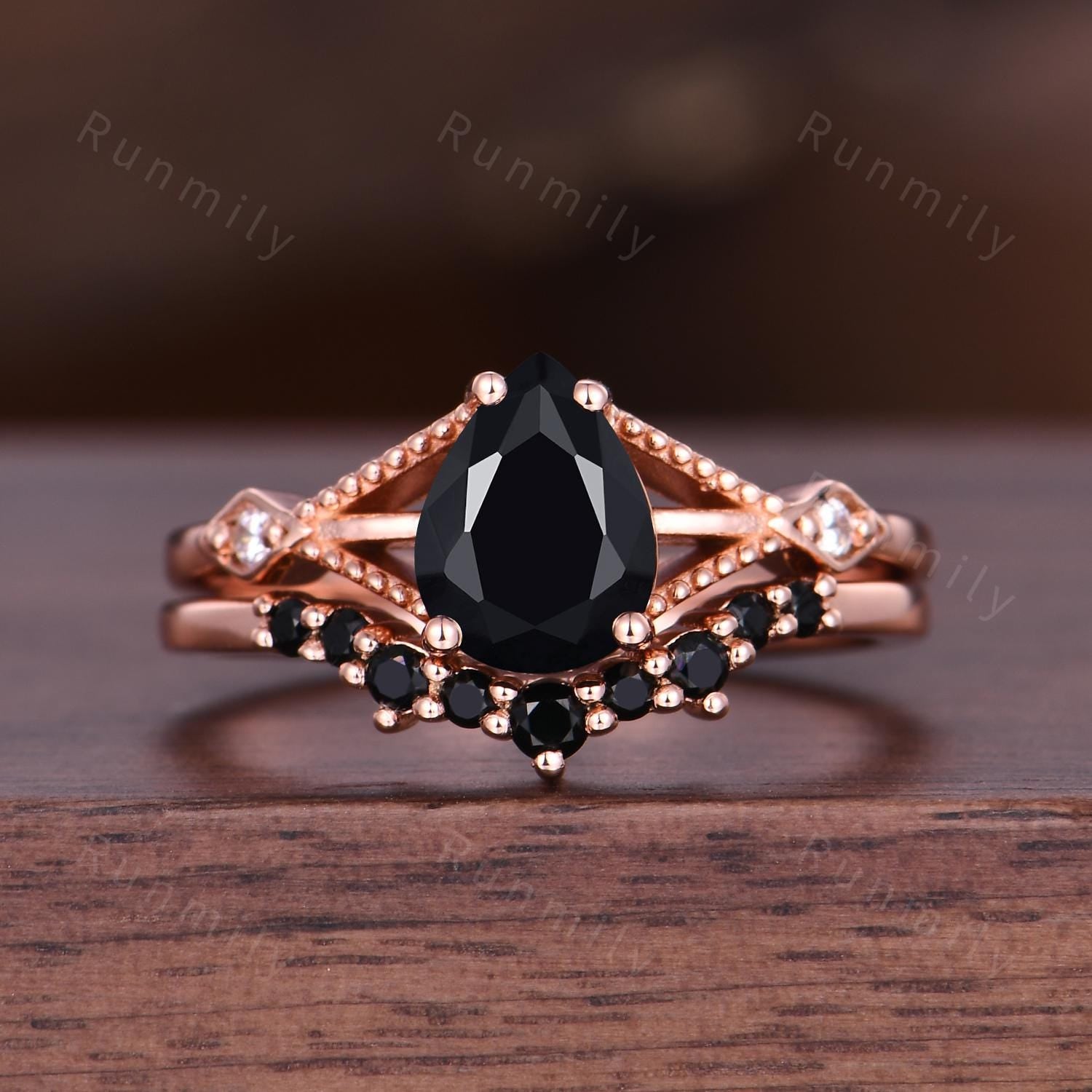 Pear Cut Black Onyx Engagement Ring Set Unique Rose Gold Engagement Ring Woman Antique Black Spinel Wedding Ring Promise Anniversary Ring