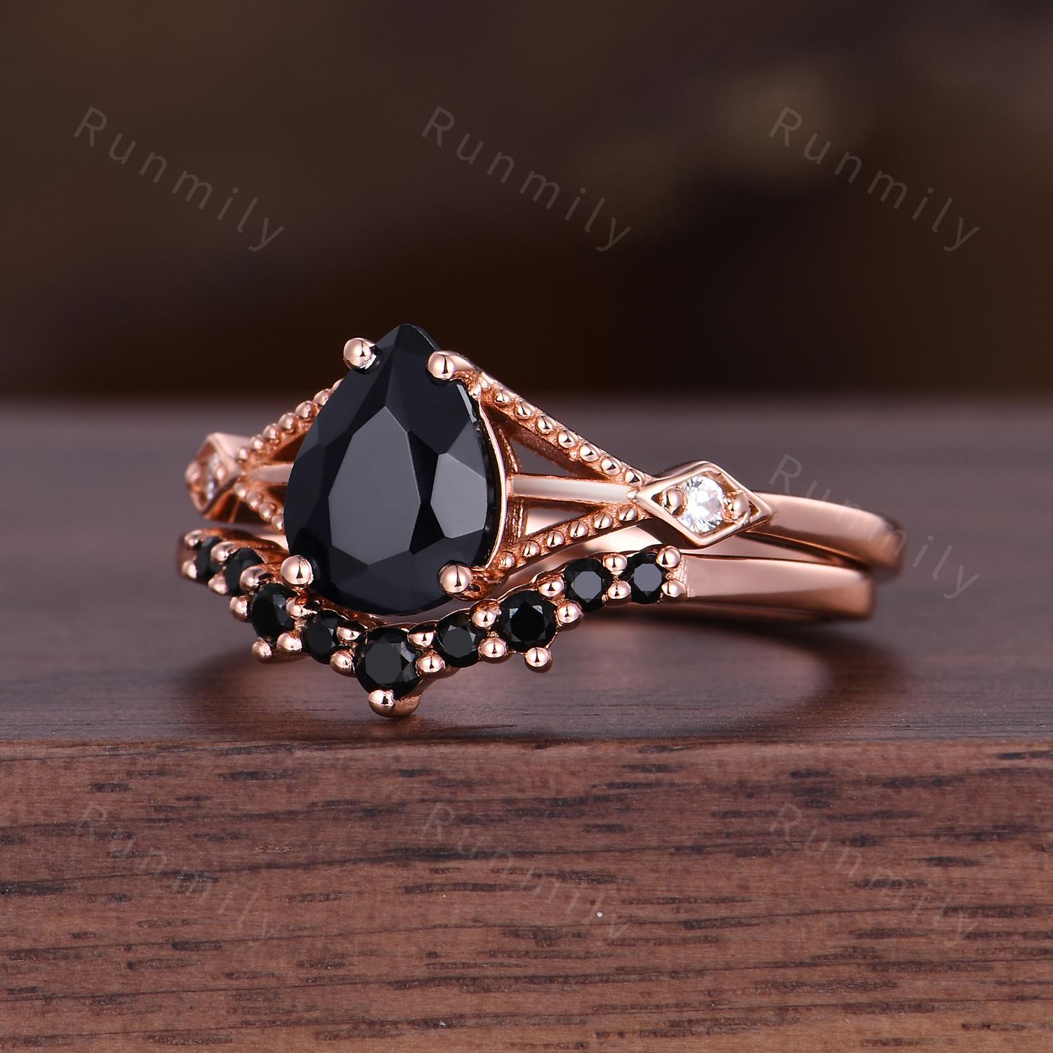Pear Cut Black Onyx Engagement Ring Set Unique Rose Gold Engagement Ring Woman Antique Black Spinel Wedding Ring Promise Anniversary Ring