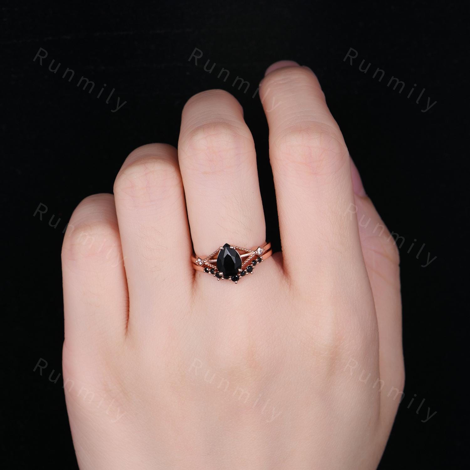 Pear Cut Black Onyx Engagement Ring Set Unique Rose Gold Engagement Ring Woman Antique Black Spinel Wedding Ring Promise Anniversary Ring