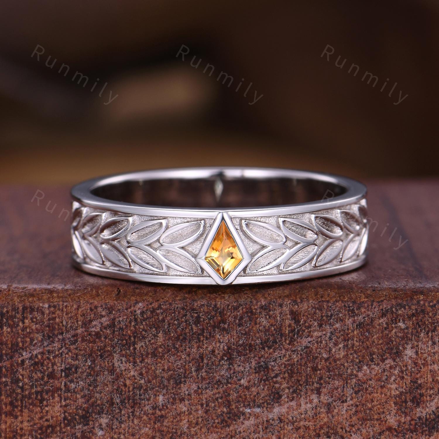 Leaf-Inspired Citrine Wedding Band Unique Kite cut Wedding Band Mens 5mm Ring His Engagement Ring Band November Birthstone Gift For Husband