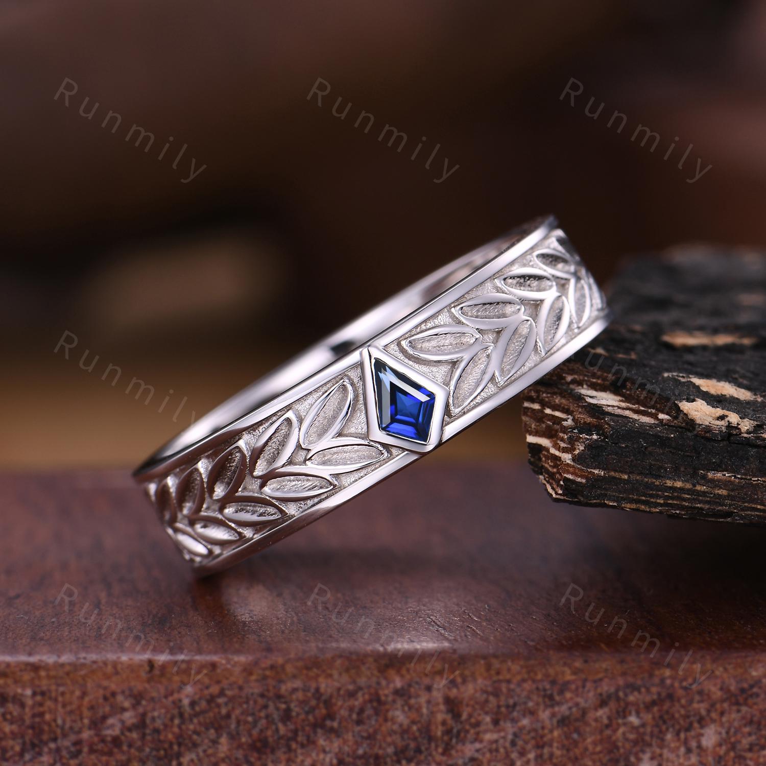 Mens Blue Sapphire Wedding Band Unique Kite cut Wedding Band For Mens Sapphire Gemstone Ring His Engagement Ring Band Leaf-Inspired Ring