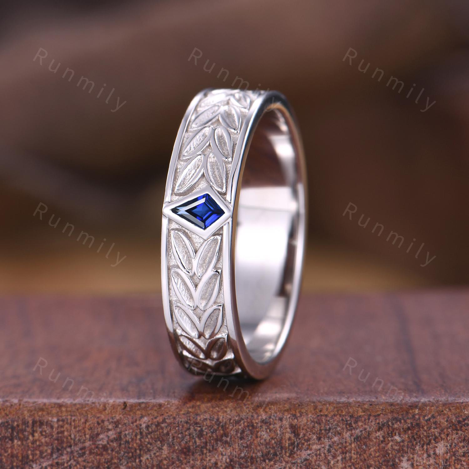 Mens Blue Sapphire Wedding Band Unique Kite cut Wedding Band For Mens Sapphire Gemstone Ring His Engagement Ring Band Leaf-Inspired Ring