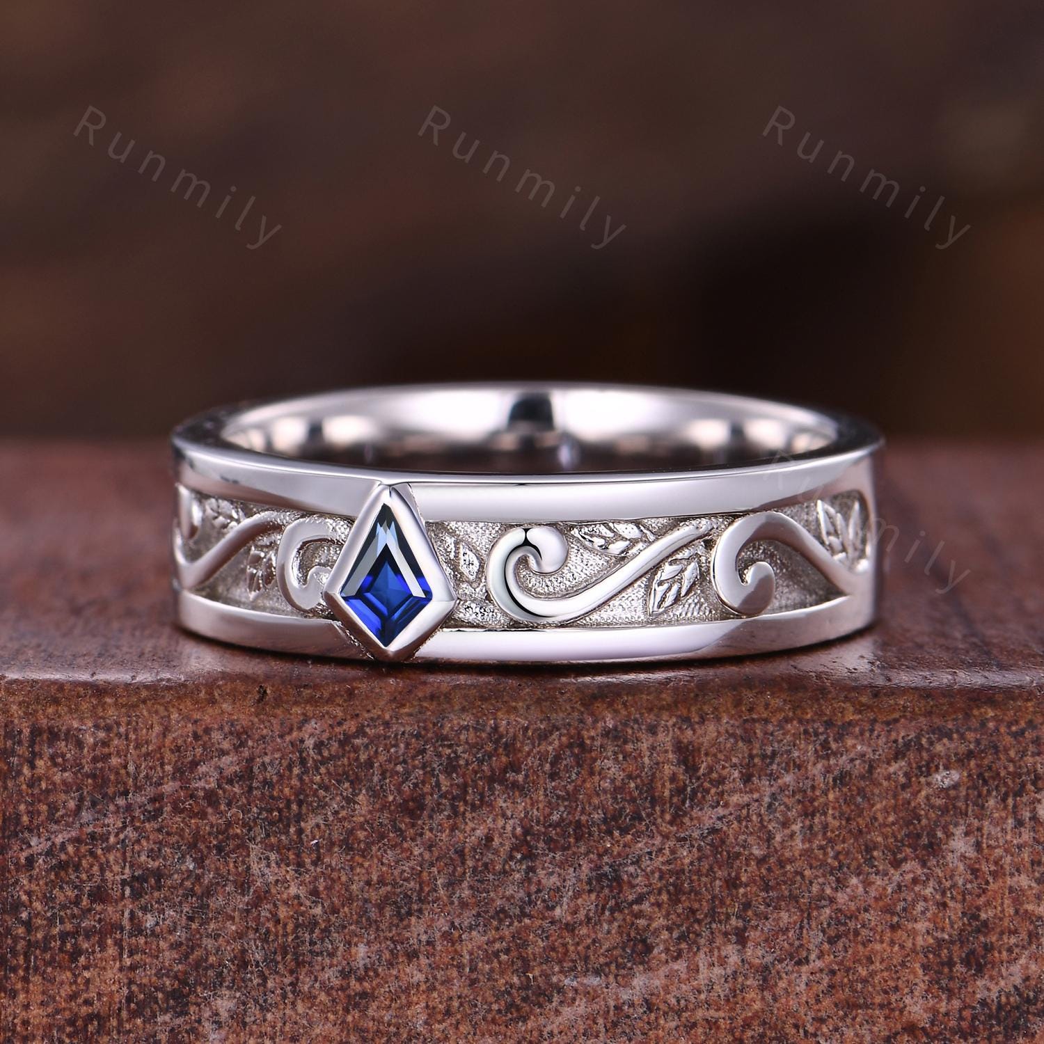 Wave Leaf Blue Sapphire Wedding Band Unique Kite cut Wedding Band Mens 5mm Ring His Engagement Ring Band September Ring Gift For Husband