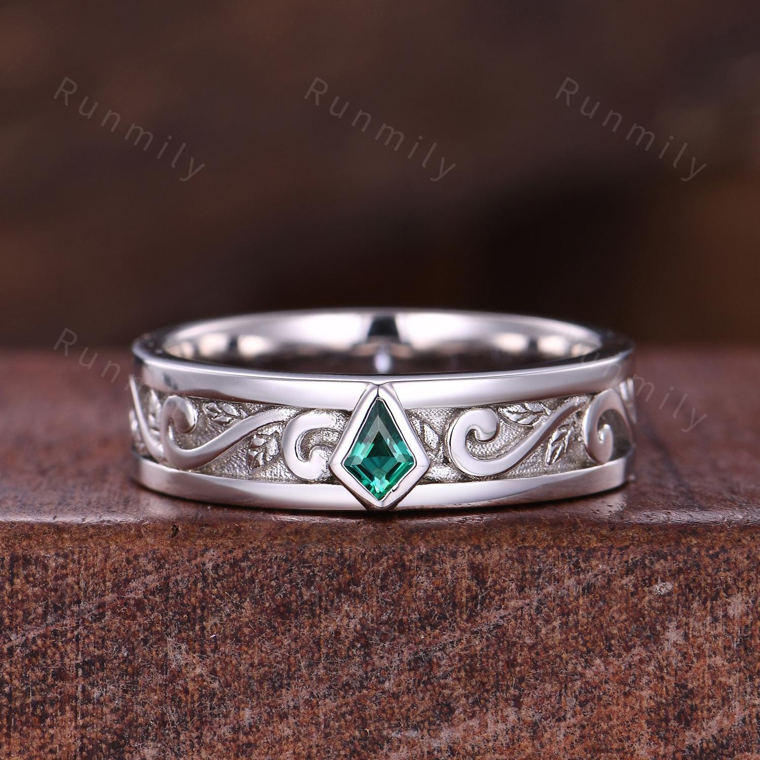 Unique Mens Emerald Wedding Band Kite Cut Emerald Ring Mens 5mm Ring His Engagement Ring Band Branch Leaf Ring May Ring For Husband/Father
