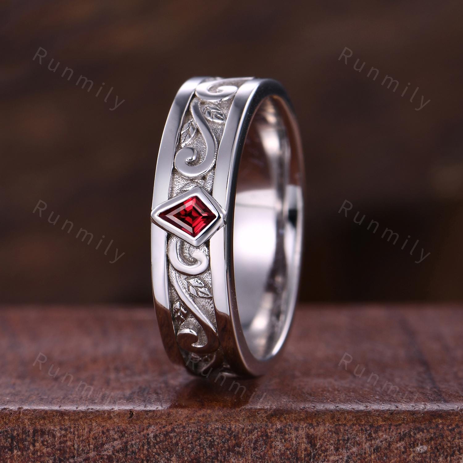 Branch Leaf Red Garnet Wedding Band Unique Kite cut Mens Wedding Band Mens Twig Ring His Engagement Ring Band January Ring Gift For Husband