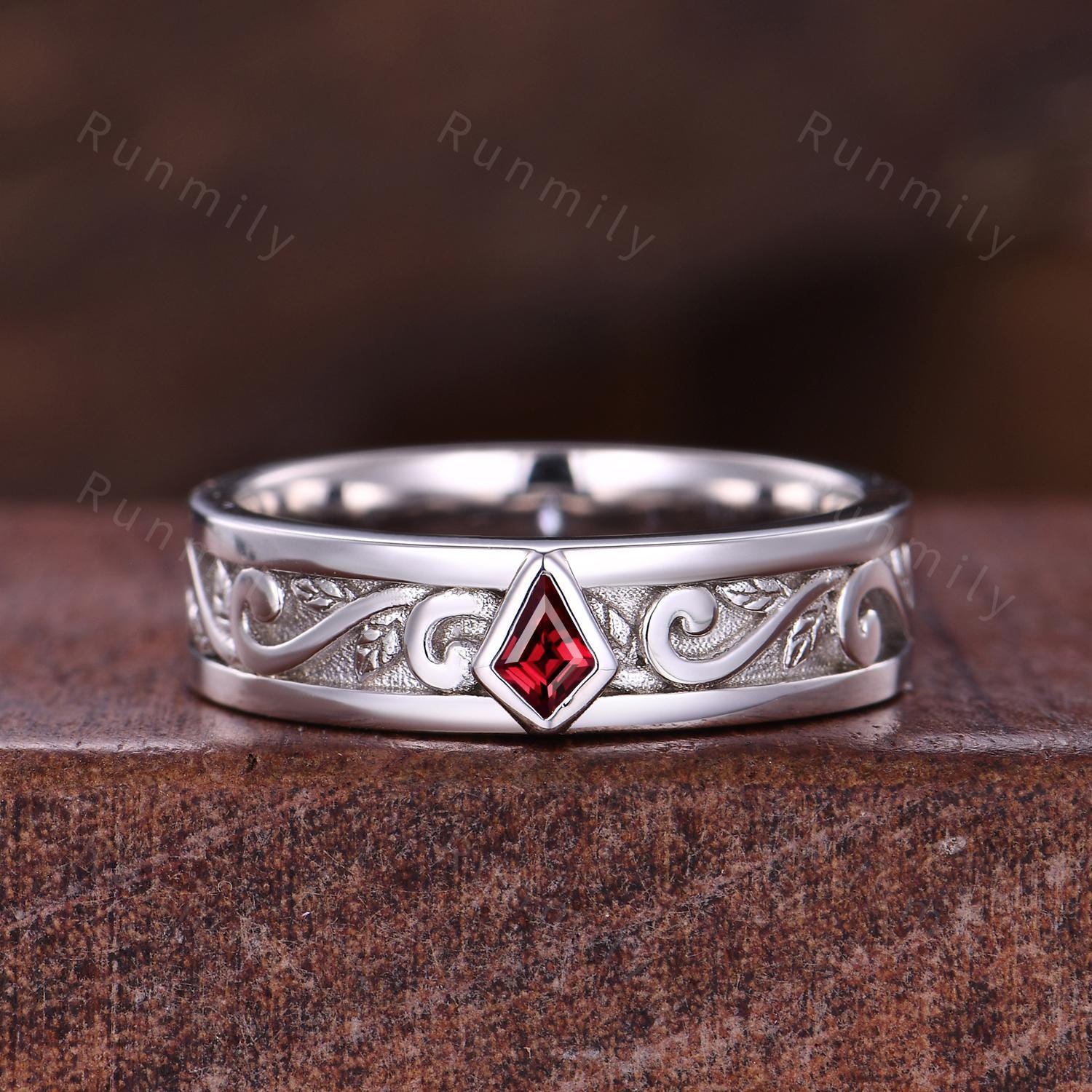 Branch Leaf Red Garnet Wedding Band Unique Kite cut Mens Wedding Band Mens Twig Ring His Engagement Ring Band January Ring Gift For Husband
