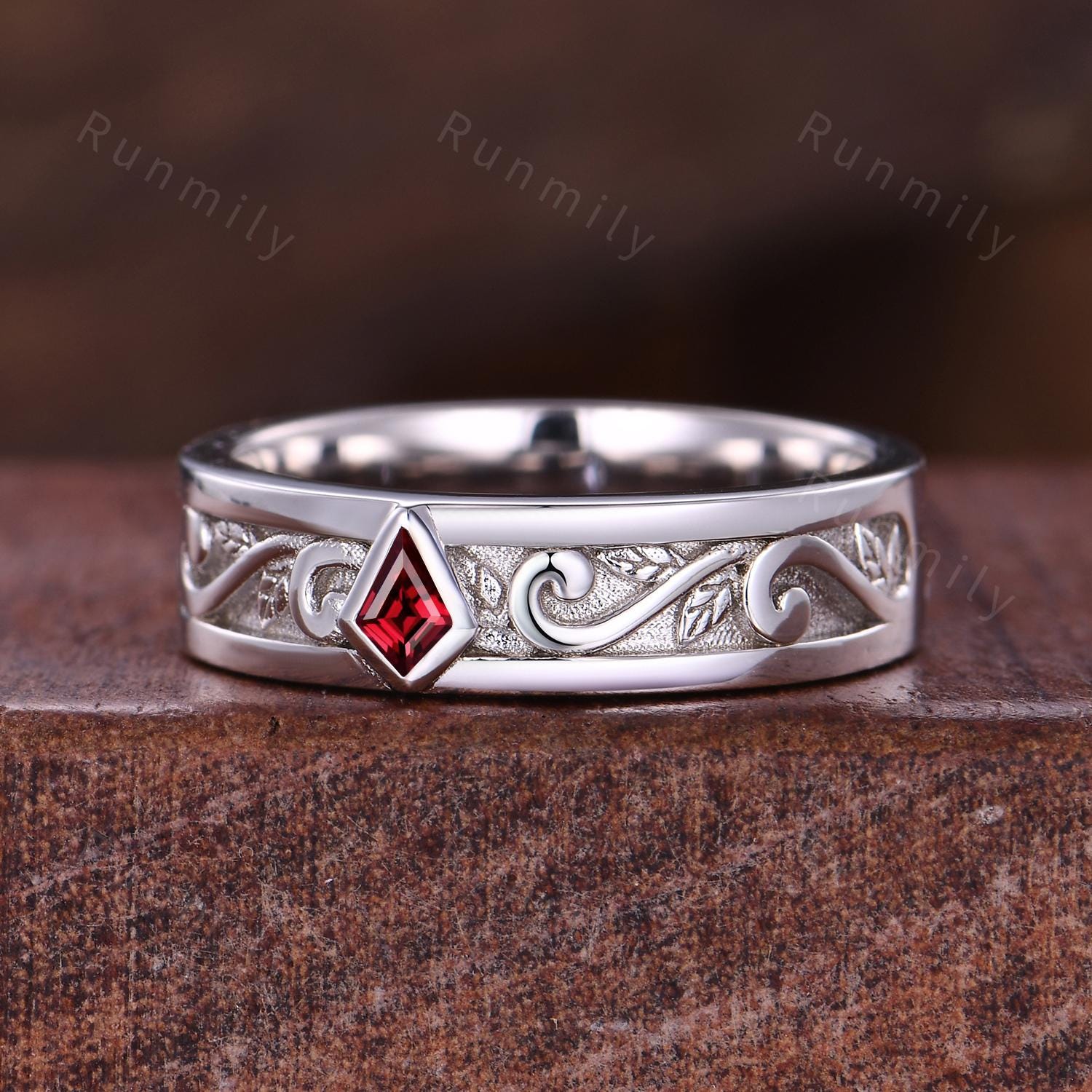 Branch Leaf Red Garnet Wedding Band Unique Kite cut Mens Wedding Band Mens Twig Ring His Engagement Ring Band January Ring Gift For Husband