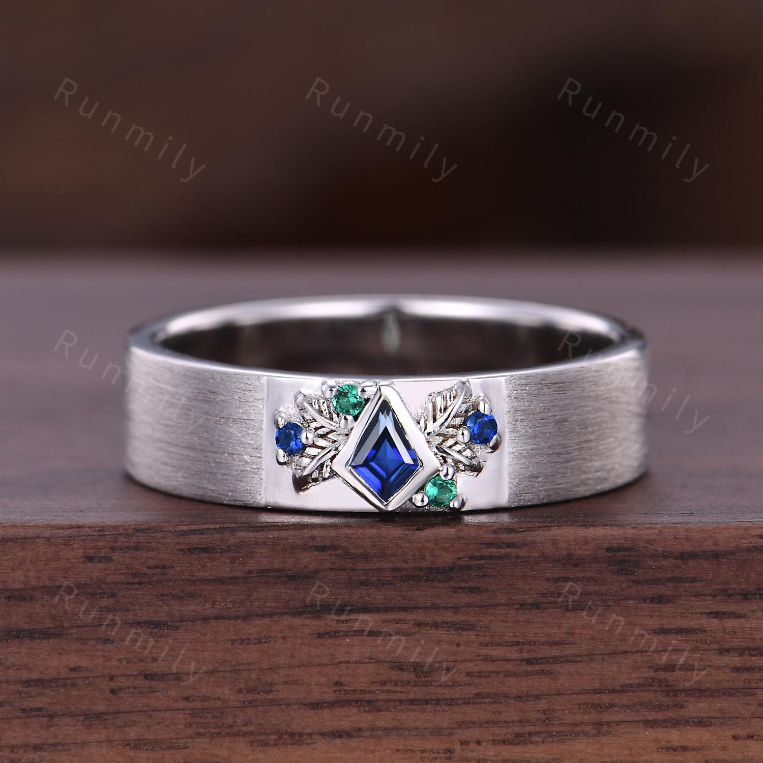 Kite cut Blue Sapphire Wedding Band Mens Nature Inspired Band Sapphire Emerald Men's Ring Unique Mens Engagement Ring Band Branch Leaf Ring