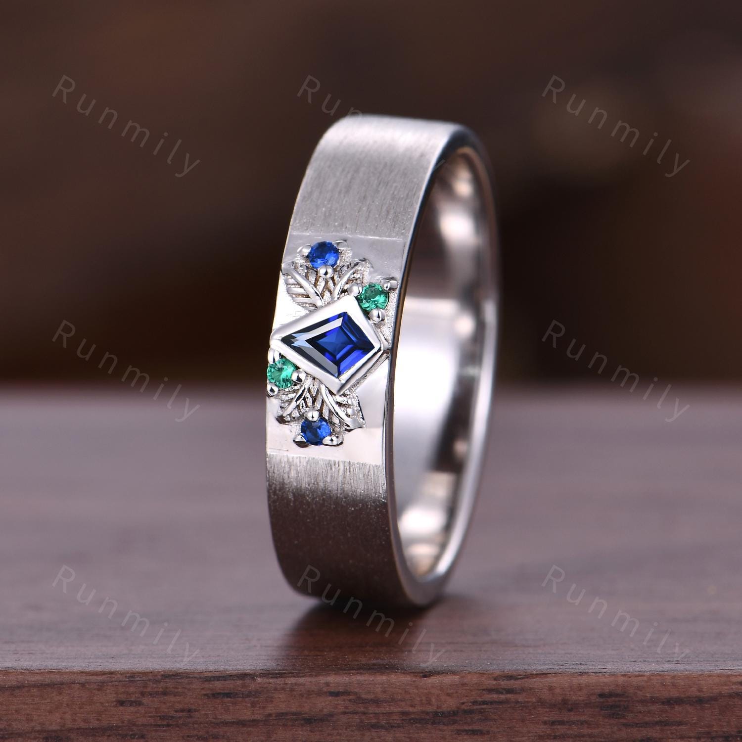 Kite cut Blue Sapphire Wedding Band Mens Nature Inspired Band Sapphire Emerald Men's Ring Unique Mens Engagement Ring Band Branch Leaf Ring