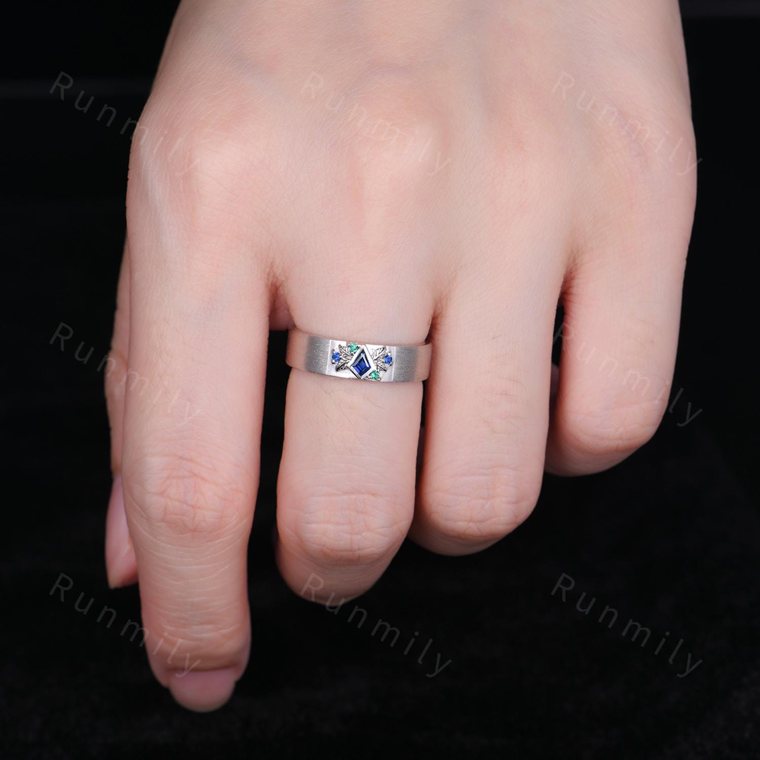 Kite cut Blue Sapphire Wedding Band Mens Nature Inspired Band Sapphire Emerald Men's Ring Unique Mens Engagement Ring Band Branch Leaf Ring