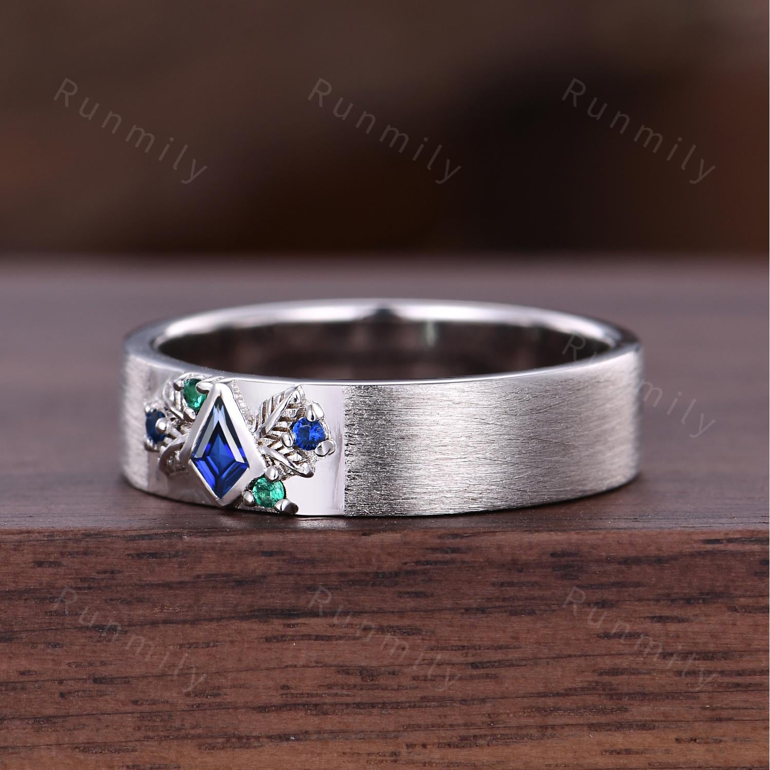 Kite cut Blue Sapphire Wedding Band Mens Nature Inspired Band Sapphire Emerald Men's Ring Unique Mens Engagement Ring Band Branch Leaf Ring