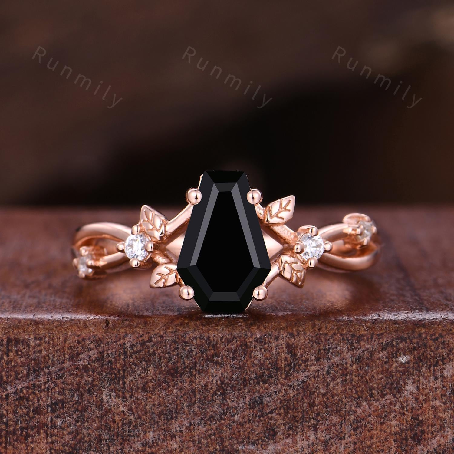Coffin cut black onyx ring rose gold unique branch leaf ring Mens 6mm tungsten wedding ring couples promise ring set nature inspired ring