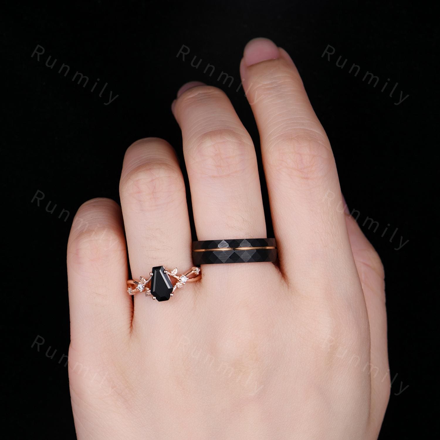 Coffin cut black onyx ring rose gold unique branch leaf ring Mens 6mm tungsten wedding ring couples promise ring set nature inspired ring
