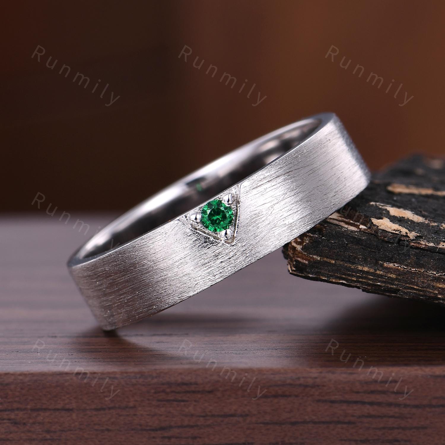 Unique Emerald Mens Wedding Band 925 Silver Brushed Finish Band Mens 5mm Engagement Ring Unisex Wedding Band Anniversary Gift For Husband