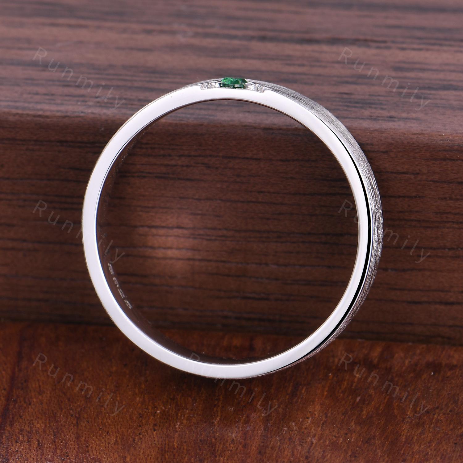 Unique Emerald Mens Wedding Band 925 Silver Brushed Finish Band Mens 5mm Engagement Ring Unisex Wedding Band Anniversary Gift For Husband