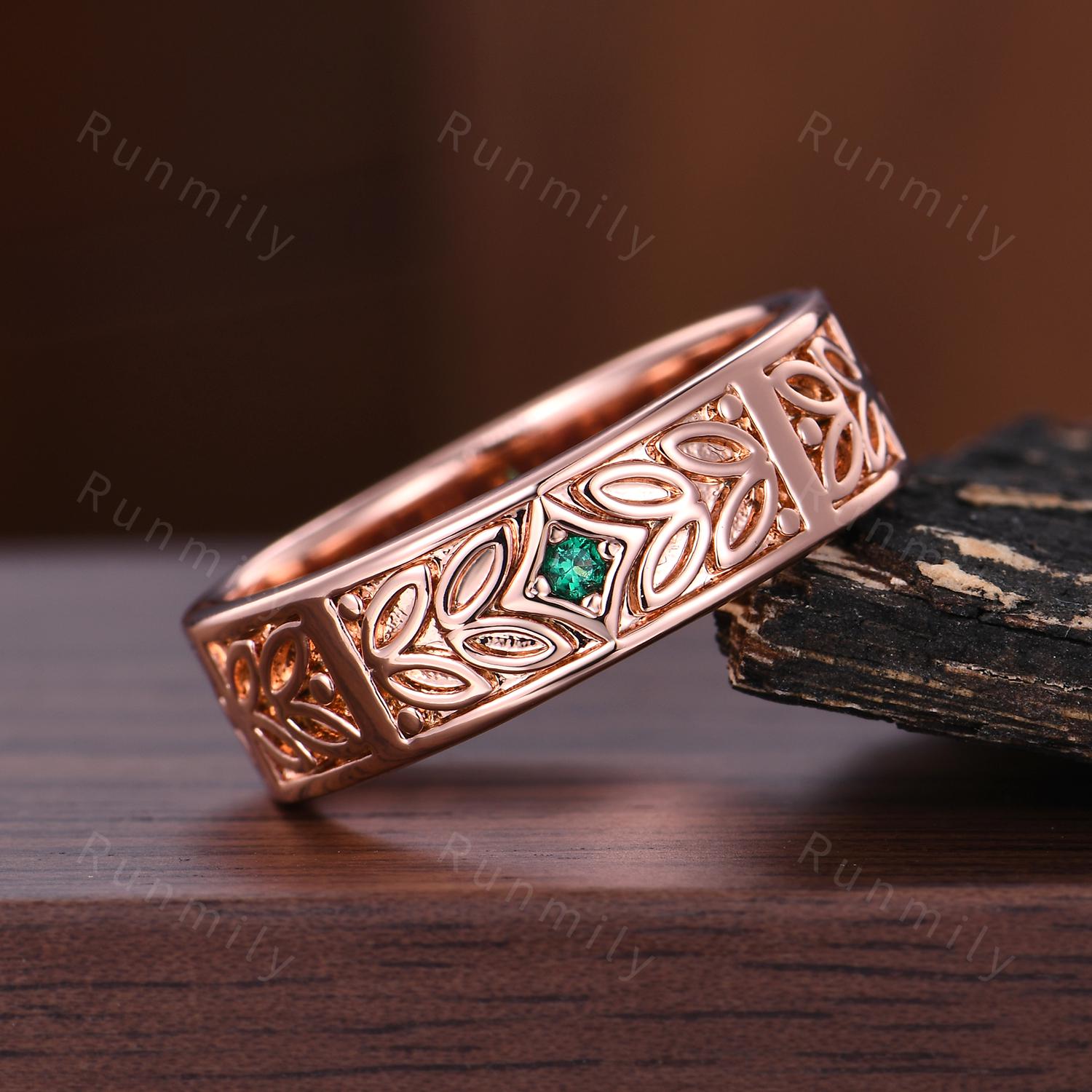 Mens Emerald Wedding Band Art Deco Leaf Design Wedding Band 6mm Rose Gold Ring Unique Nature Inspired Stacking Band Retro Vintage Ring