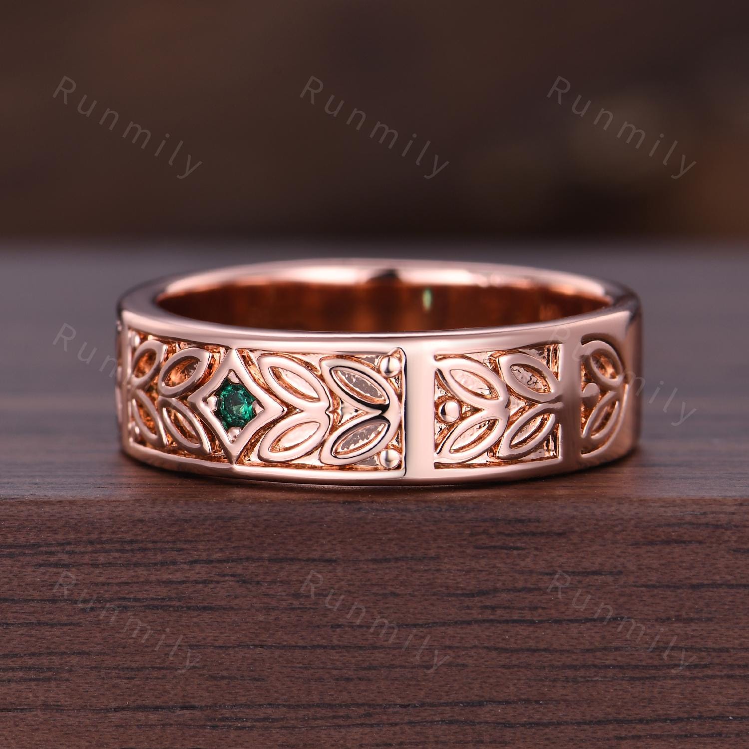 Mens Emerald Wedding Band Art Deco Leaf Design Wedding Band 6mm Rose Gold Ring Unique Nature Inspired Stacking Band Retro Vintage Ring