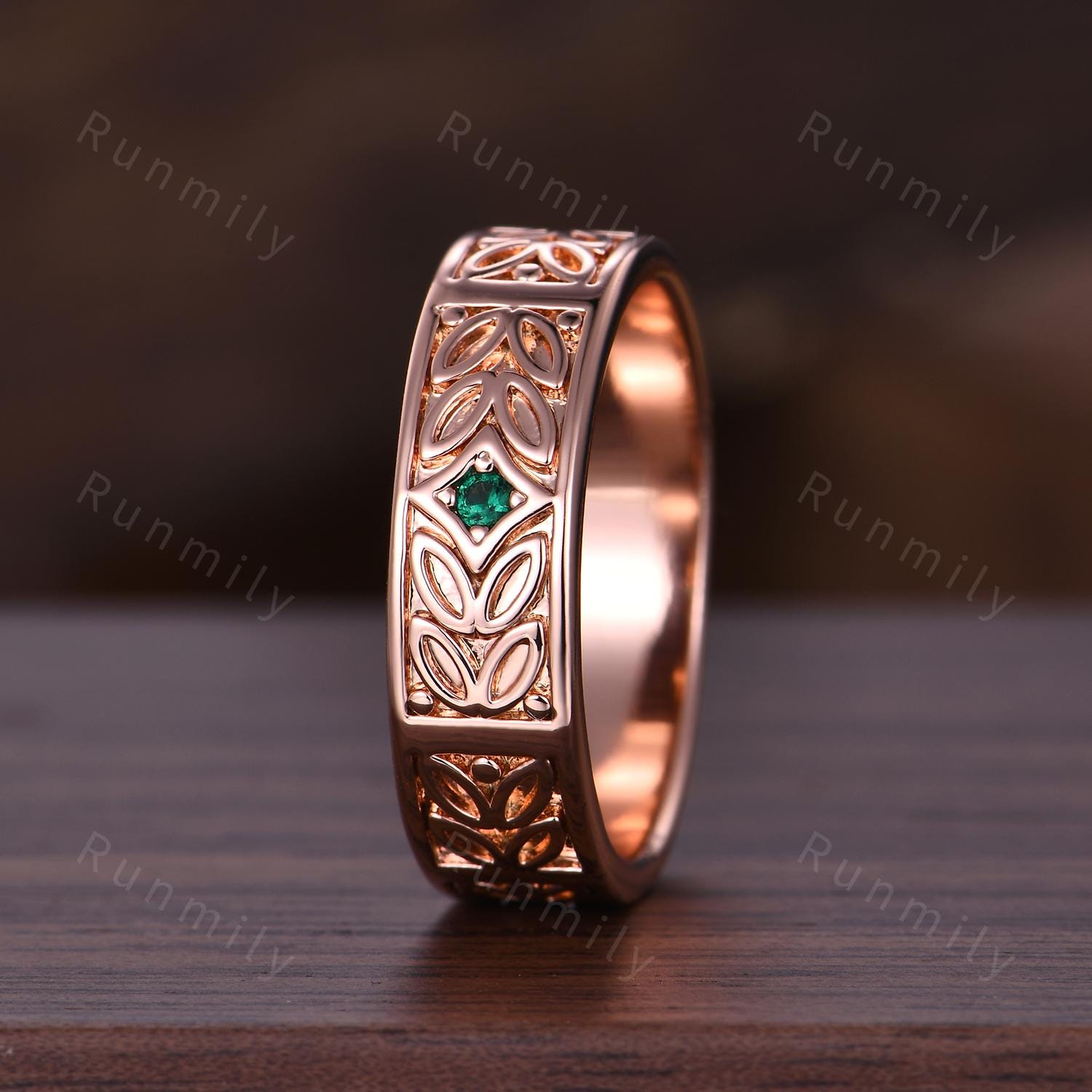 Mens Emerald Wedding Band Art Deco Leaf Design Wedding Band 6mm Rose Gold Ring Unique Nature Inspired Stacking Band Retro Vintage Ring